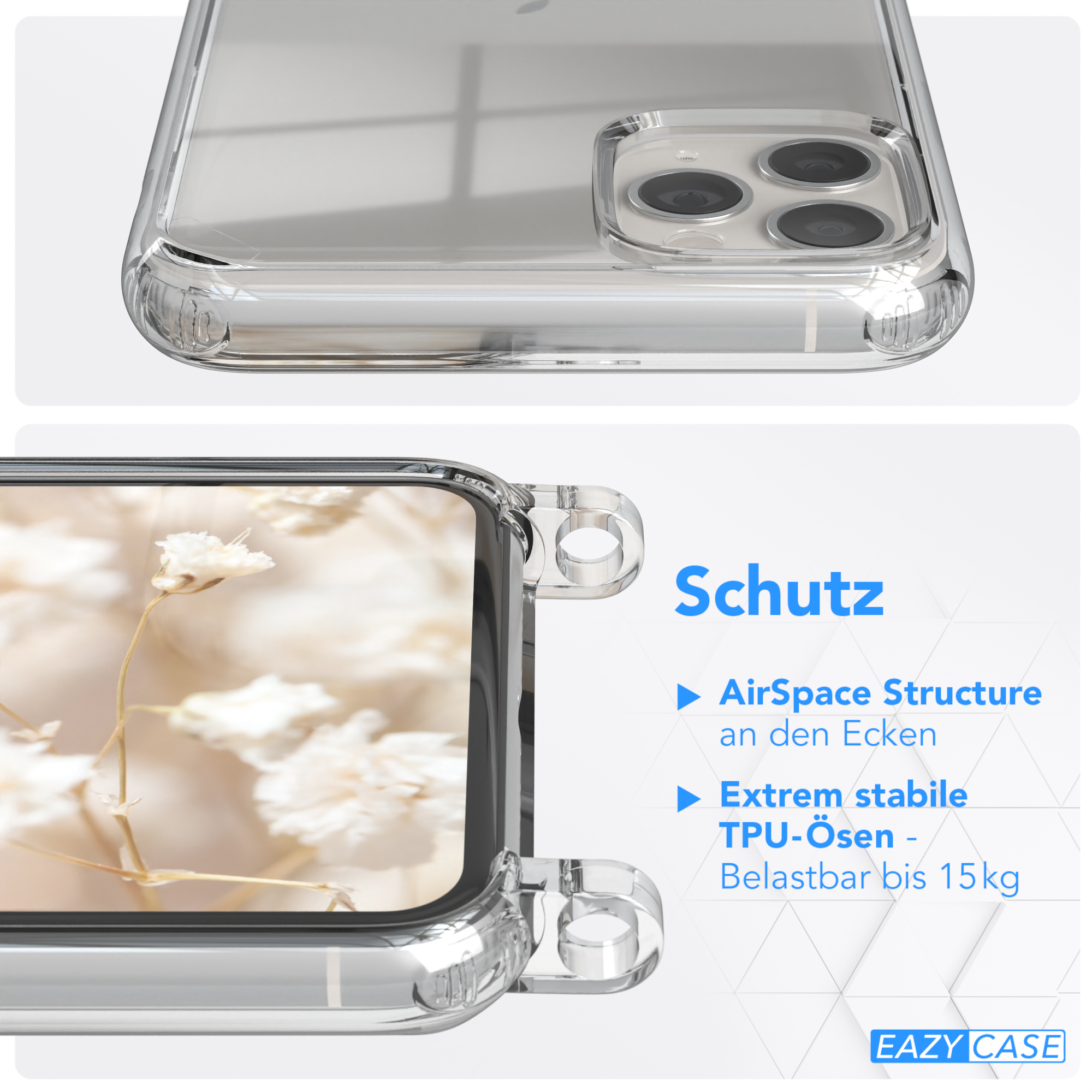 Transparente Handyhülle mit Blumenhintergrund. Text: AirSpace-Struktur, TPU-Ösen und bis zu 15 kg.