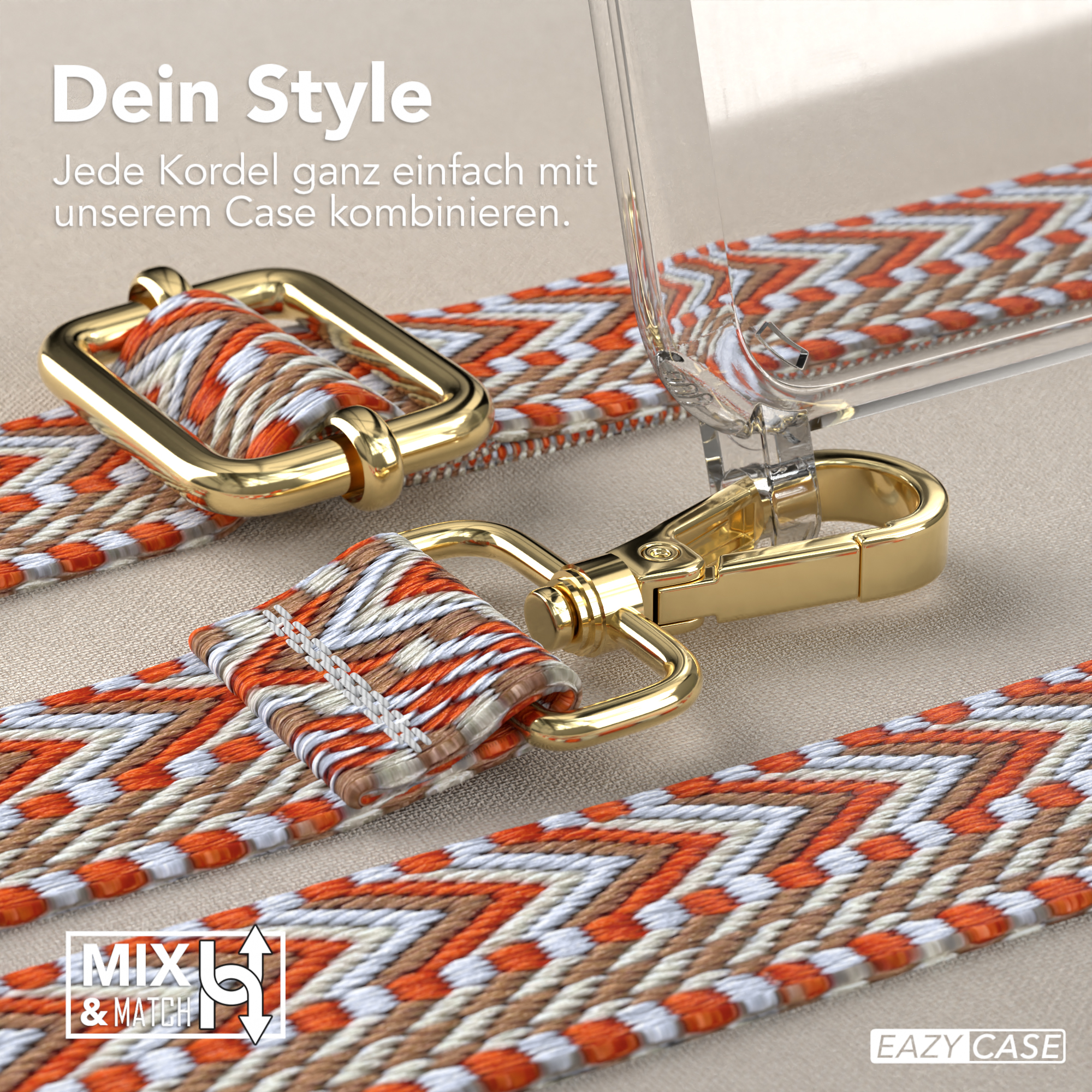 Nahaufnahme eines Telefonriemens mit orangefarbenen, beigefarbenen und weißen Mustern und goldfarbener Metallhardware.
