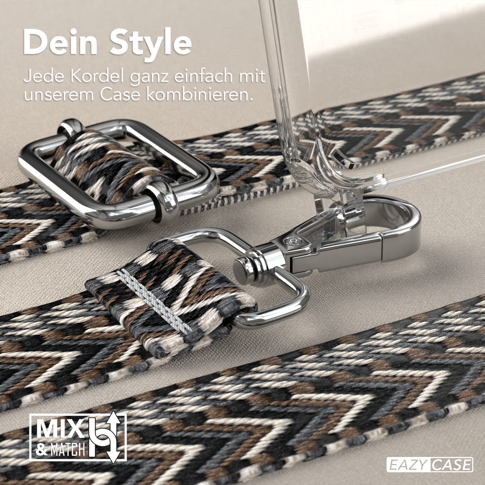 Nahaufnahme einer Handyhülle mit buntem Riemen, silberne Hardware.