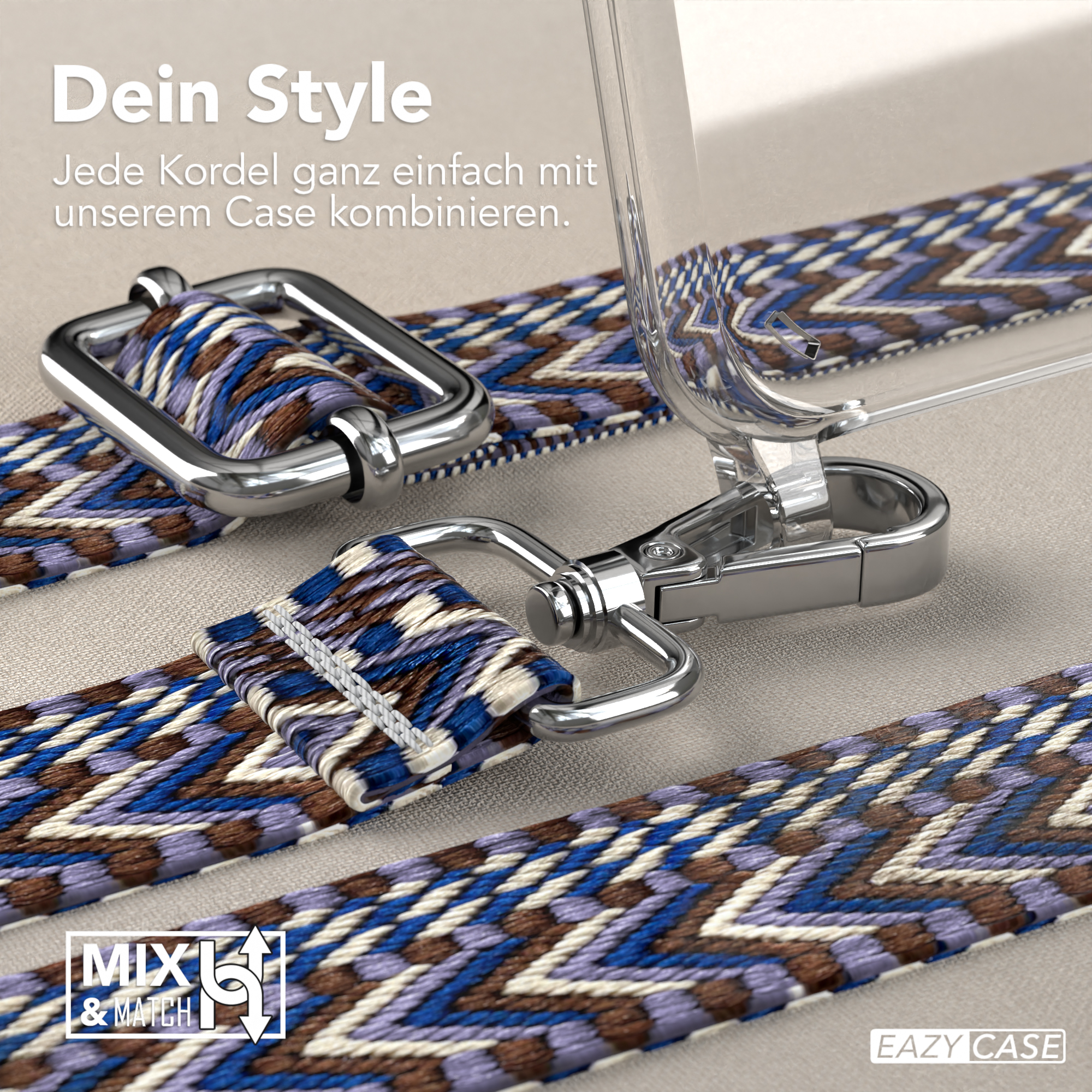 Handyhülle mit Gurt. Gurt ist blau, braun und weiß. Die Hülle ist transparent.