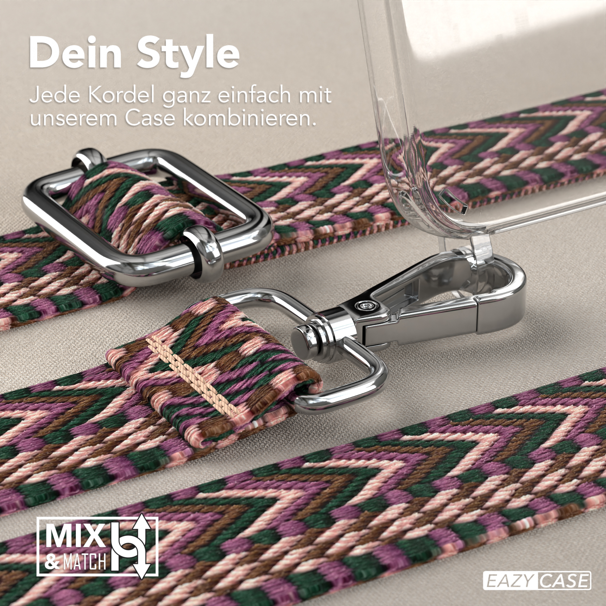 Nahaufnahme des Telefonbandmaterials mit Metallverschluss. Text: Dein Style. Kombinieren Sie jedes Band einfach mit unserem Case.