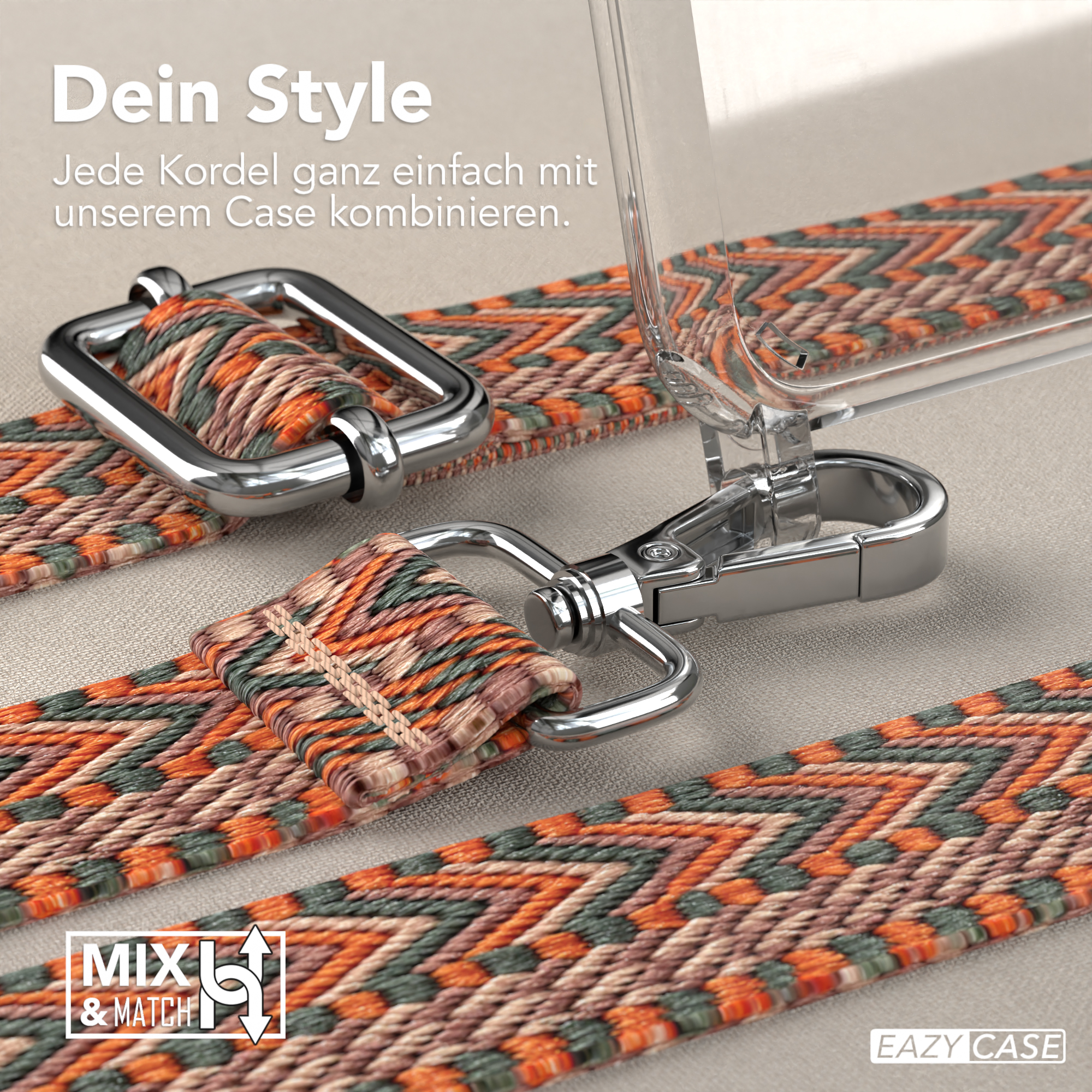 Nahaufnahme von Handyriemendetails mit goldfarbener Hardware. Der Riemen ist orange und grün.