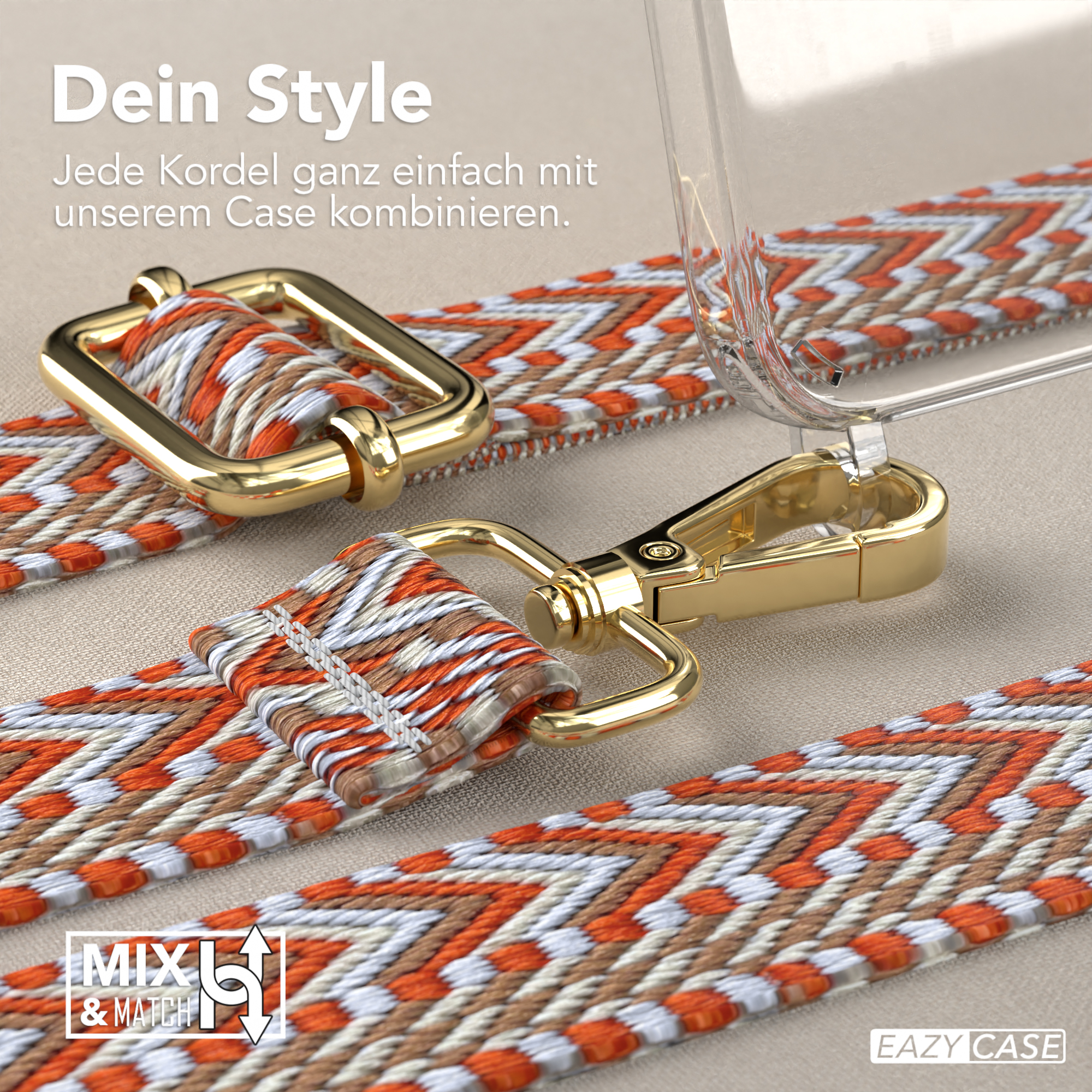 Nahaufnahme von Telefonriemen mit goldener Schnalle und klarer Handyhülle.
