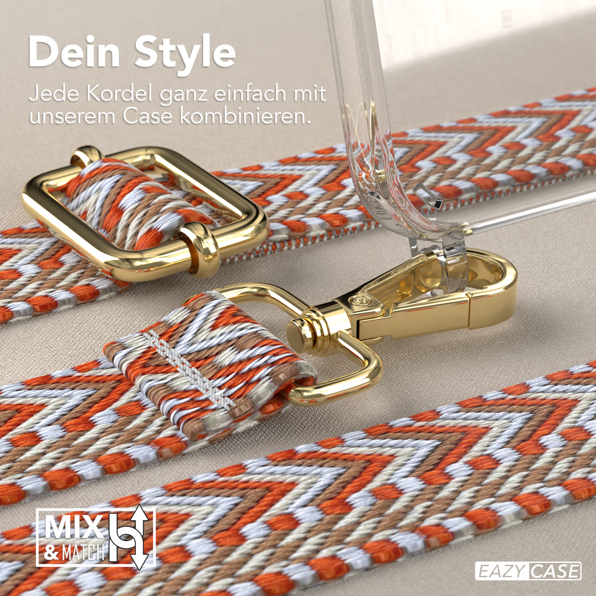 Handyhülle mit Gurt. Gurt ist orange, braun und weiß. Die Hülle ist transparent.