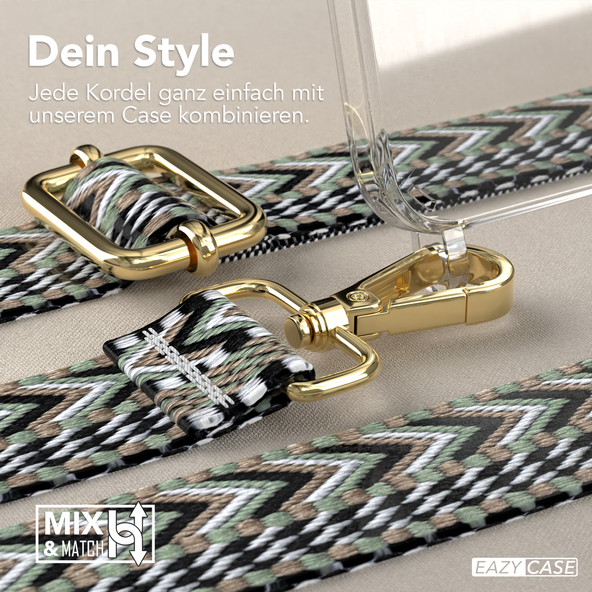 Detail des Handyhüllenriemens. Goldene Hardware. Grün, braun und weiß gemustertes Band mit Text: Dein Style.