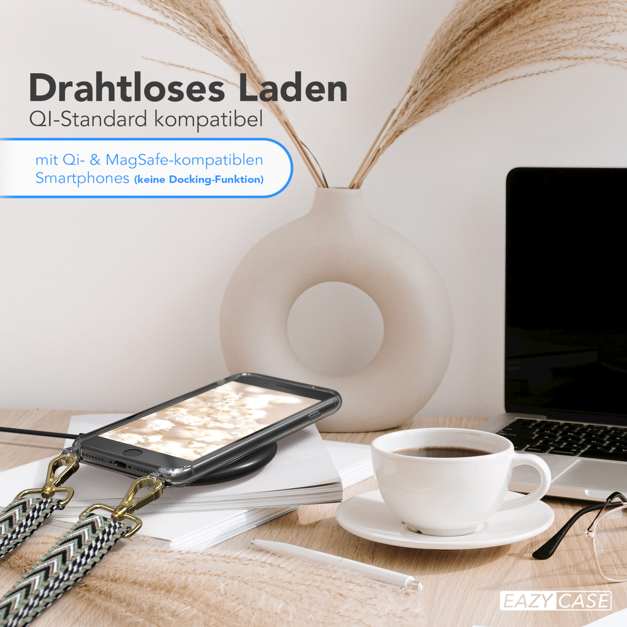 Telefon auf kabellosem Ladegerät, Kaffee, Vase mit Pflanzen und Text auf Deutsch über kabelloses Laden und Qi-kompatibel.