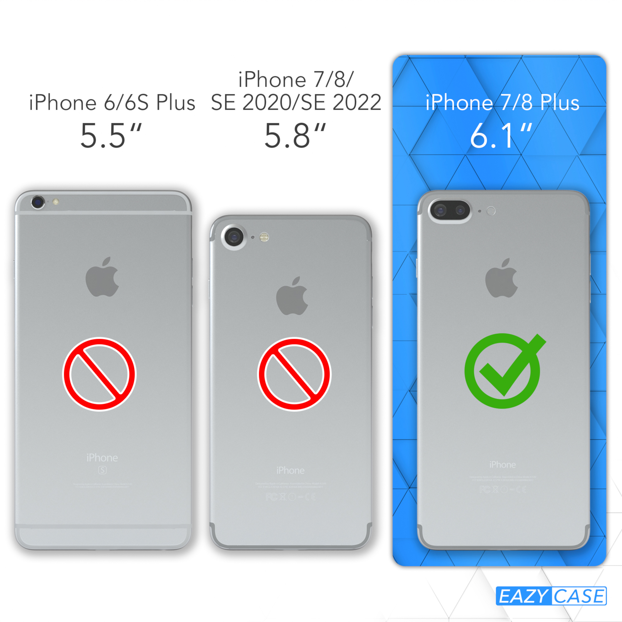Drei iPhones auf blauem Hintergrund, eines mit rotem Verbotszeichen, zwei mit grünen Haken.