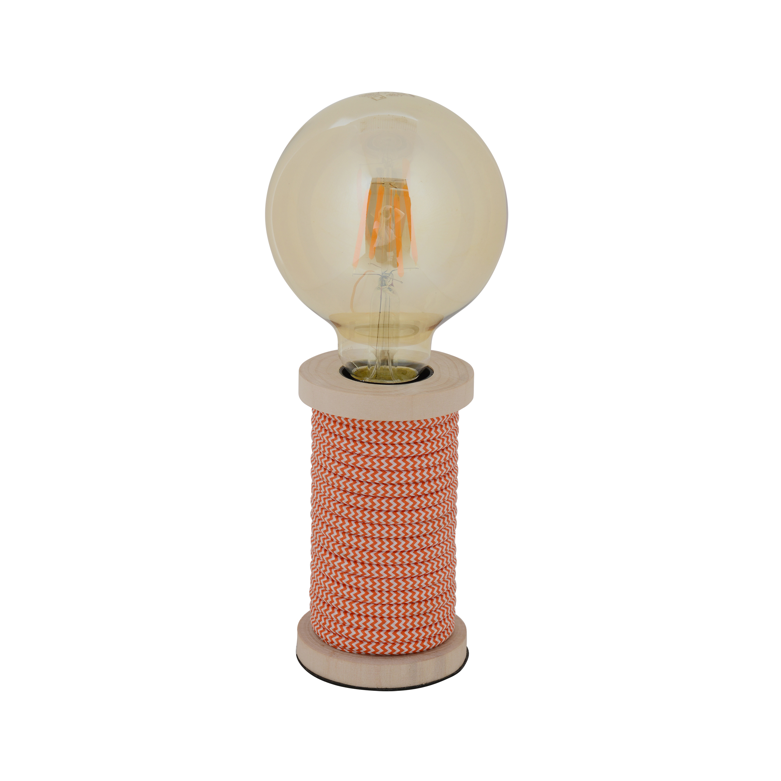 Eine Lampe mit einer großen runden Glühbirne oben, ein rot-weiß gemusterter Sockel. Isoliert auf Weiß.