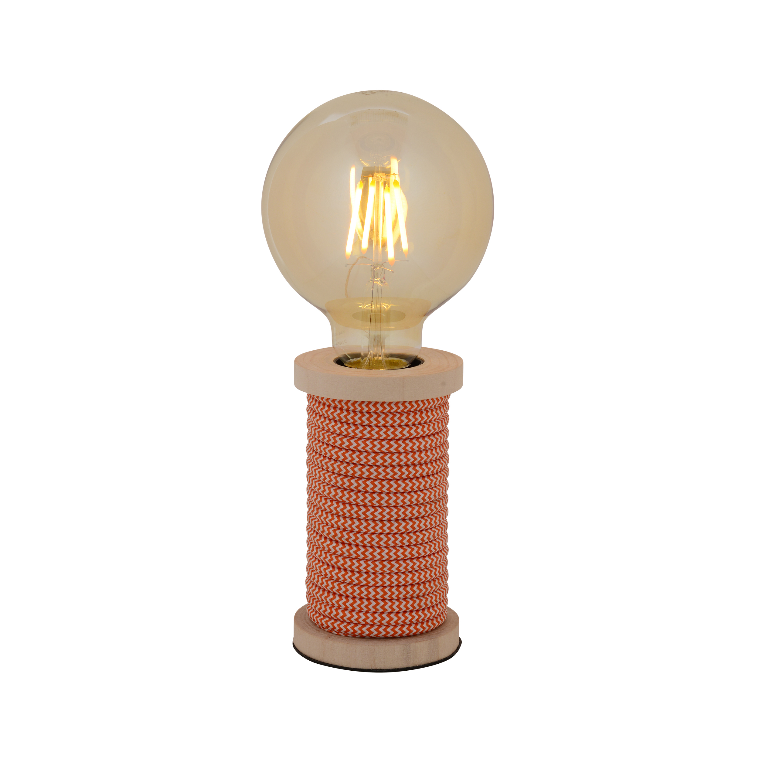 Eine Tischlampe mit einer großen Glühbirne und einem rot-weiß geflochtenen Sockel.
