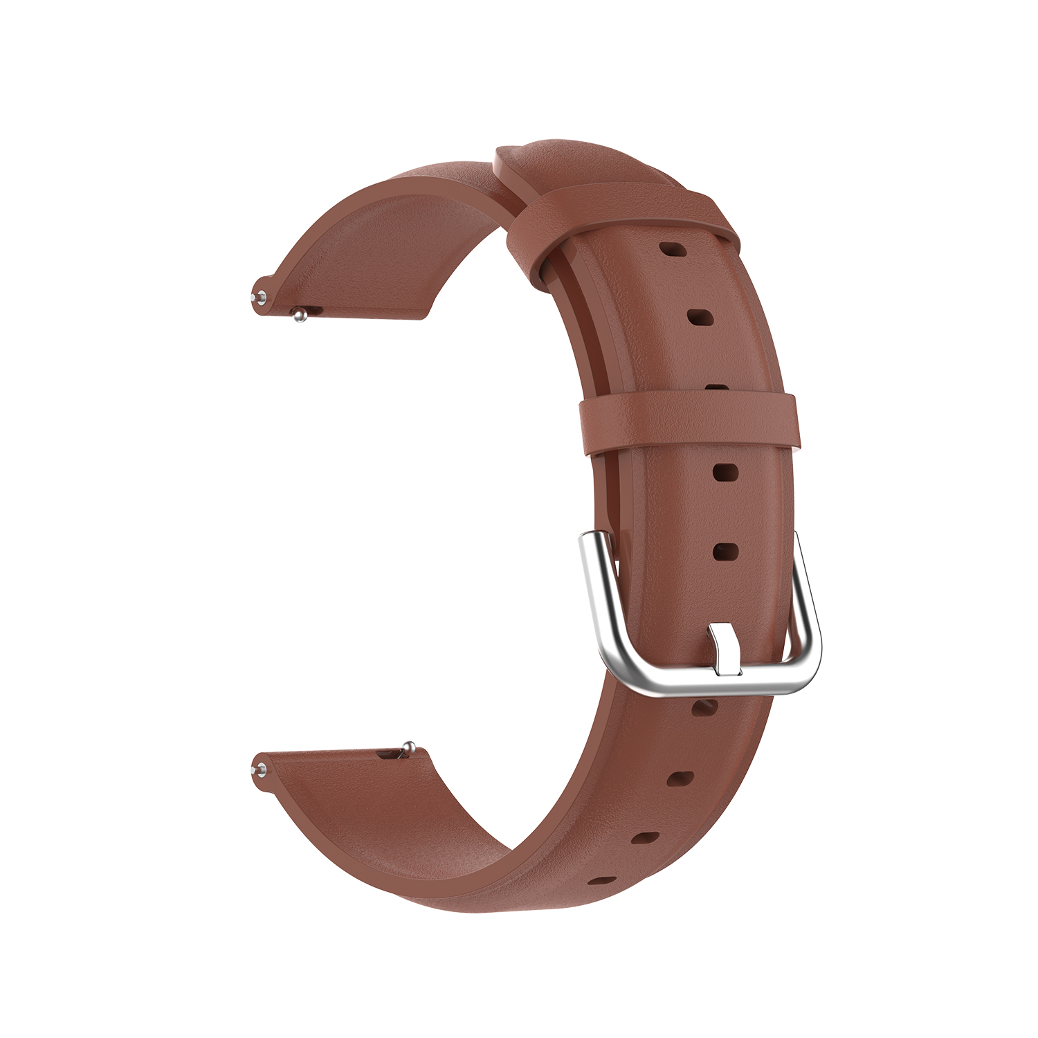 Bracelet de montre en cuir marron avec boucle argentée. Design incurvé.