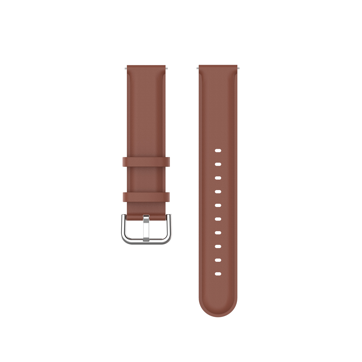 Deux bracelets de montre en cuir marron avec boucle argentée, sur fond blanc.