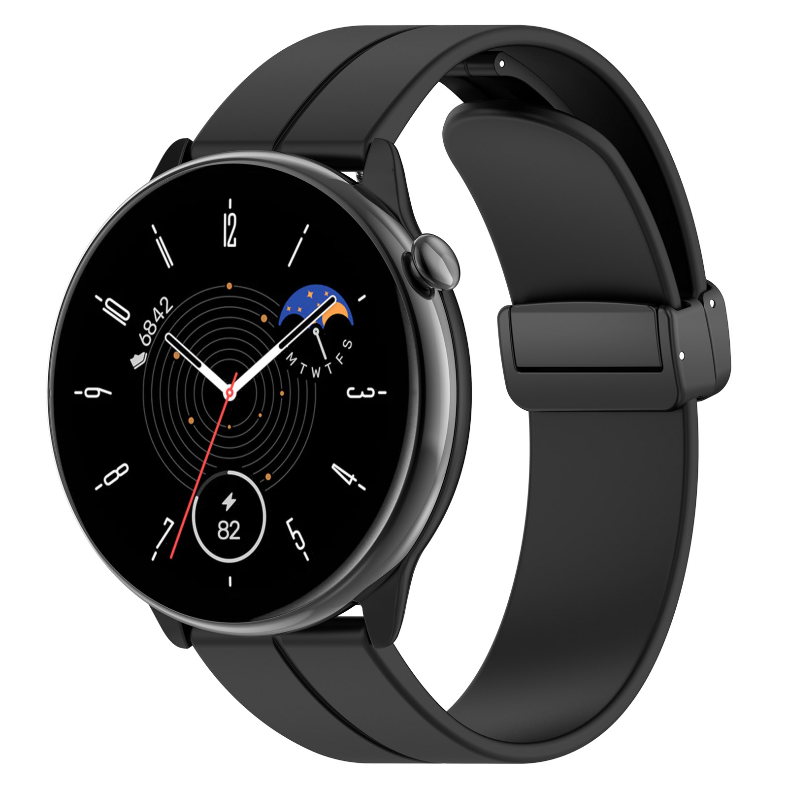 Schwarze Smartwatch mit rundem Zifferblatt, das Zeit und Statistiken anzeigt, verbunden mit einem schwarzen Armband.