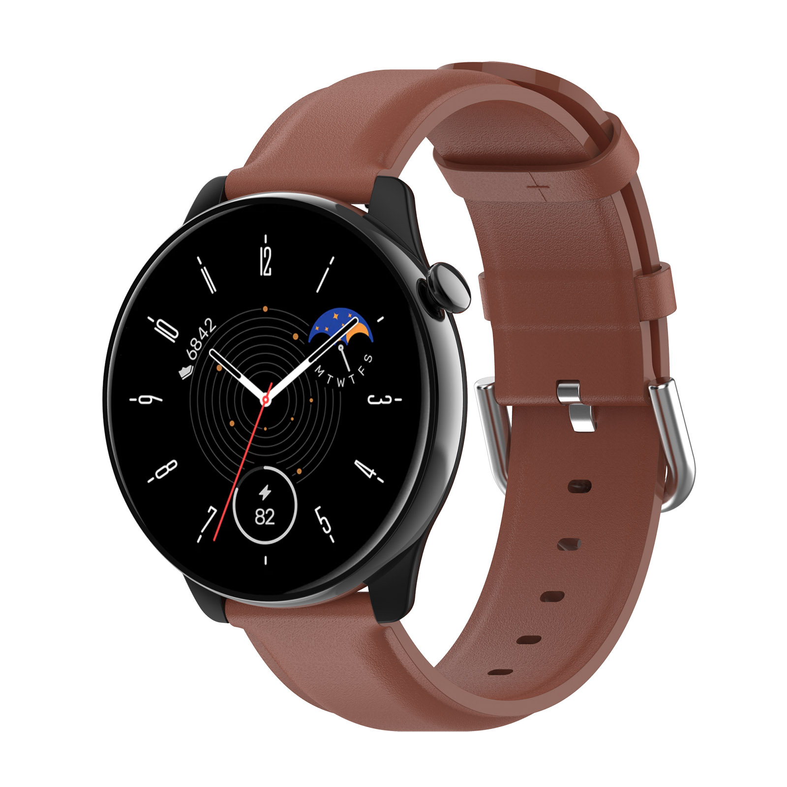 Une smartwatch noire avec bracelet en cuir marron, isolée sur fond blanc.