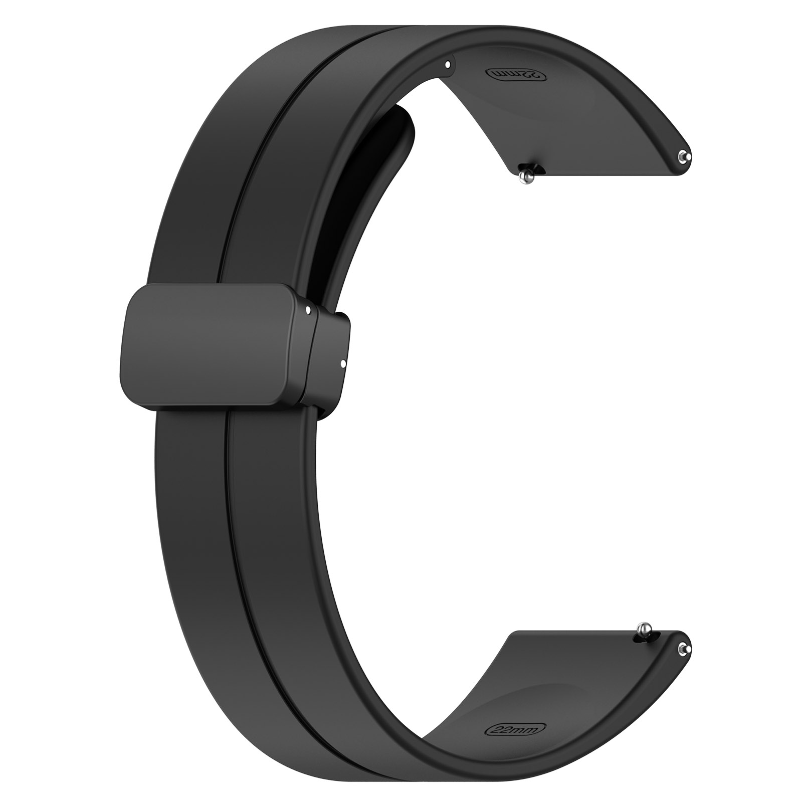 Schwarzes Uhrenarmband mit Schnalle. Das Band ist gewölbt und hat ein schlankes, modernes Design.