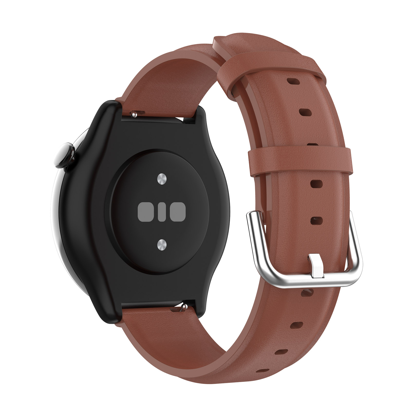 Un bracelet de montre en cuir marron avec un cadran noir sur fond blanc.
