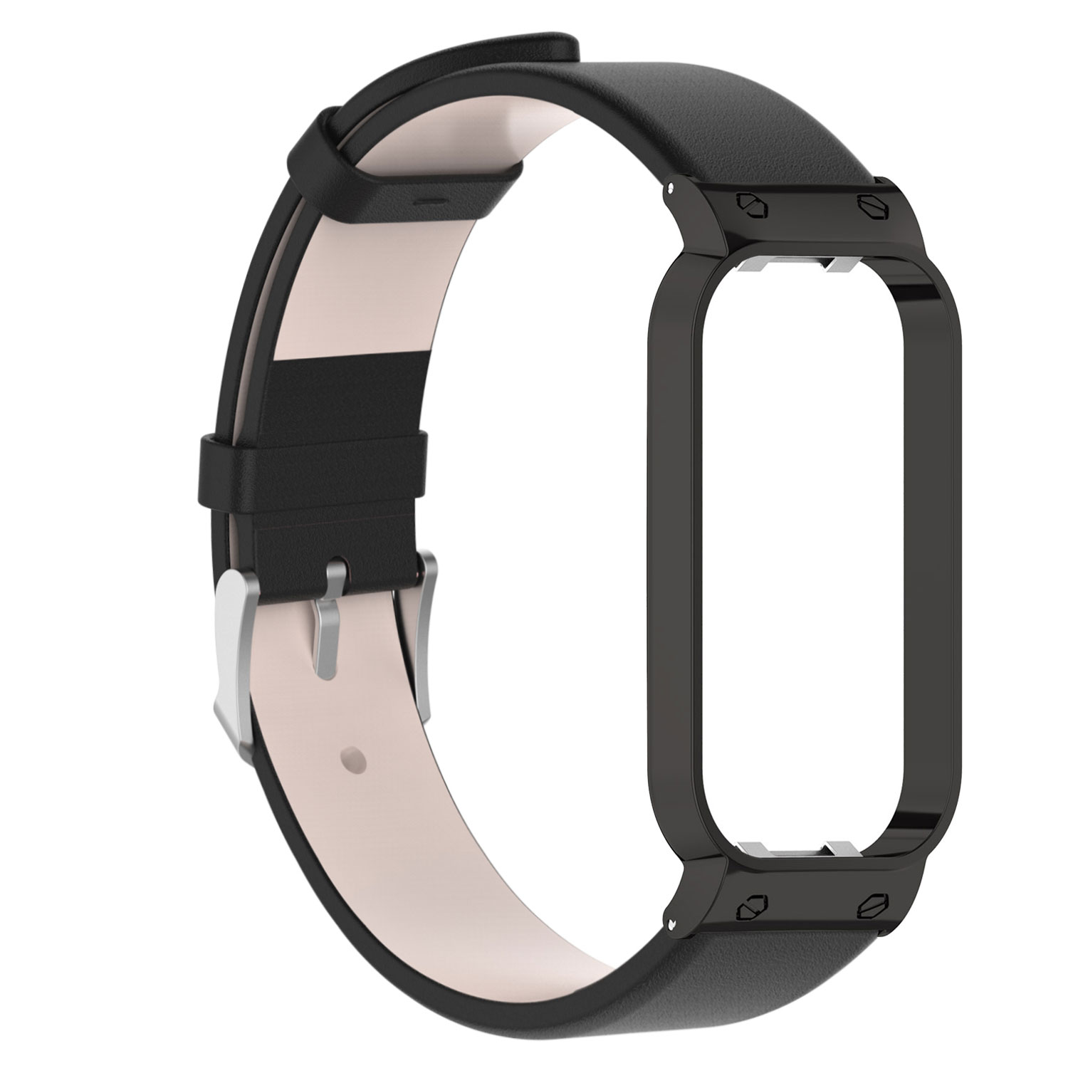 Schwarzes Smartwatch-Armband mit schwarzem Rahmen. Hintergrund: weiß. Seitenansicht des Armbands.