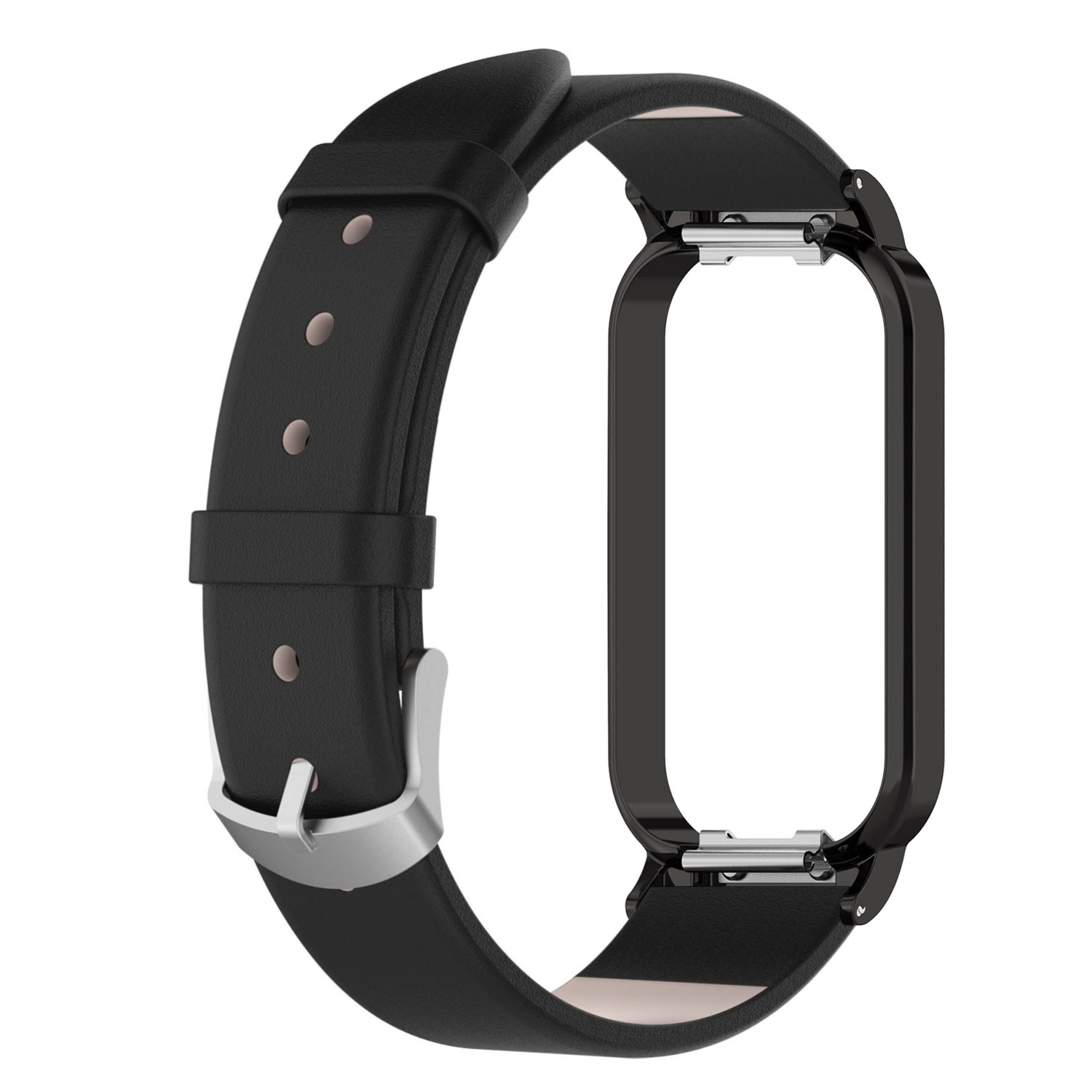 Schwarzes Leder-Uhrenarmband mit Metallschnalle und schwarzem Rahmen.