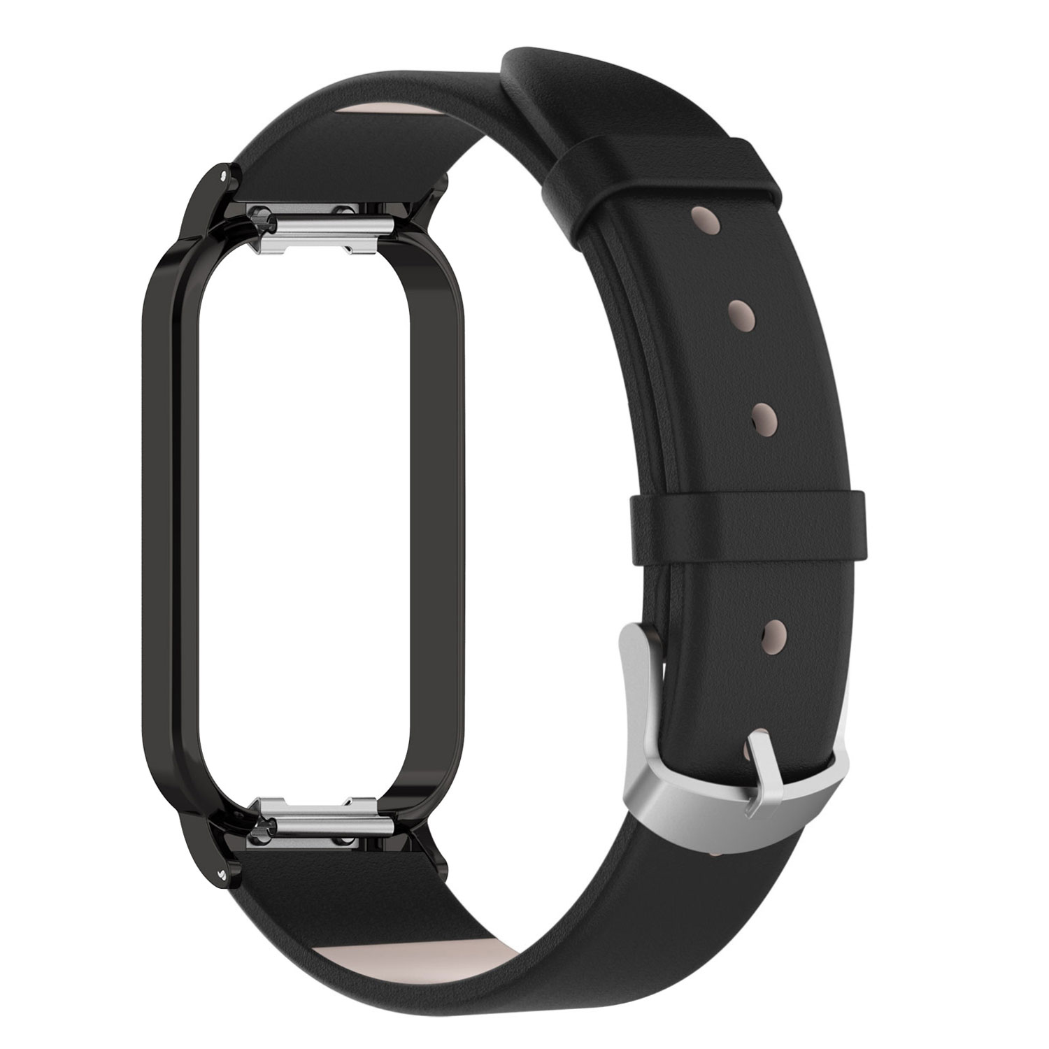 Schwarzes Uhrenarmband mit silberner Schnalle.