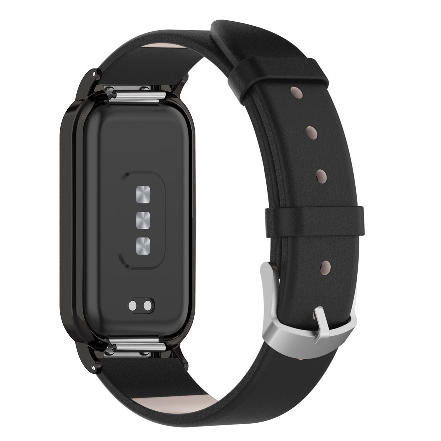 Schwarze Smartwatch mit schwarzem Lederarmband und silberner Schnalle.