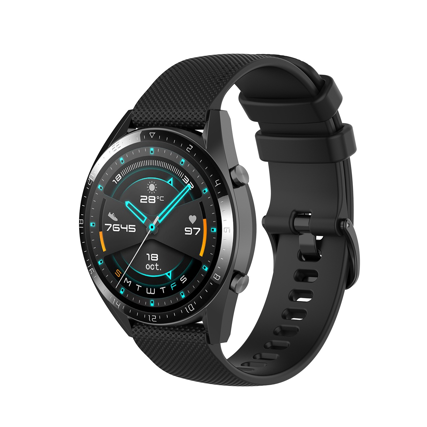 Eine schwarze Smartwatch mit schwarzem Armband, die ein digitales Zifferblatt anzeigt.
