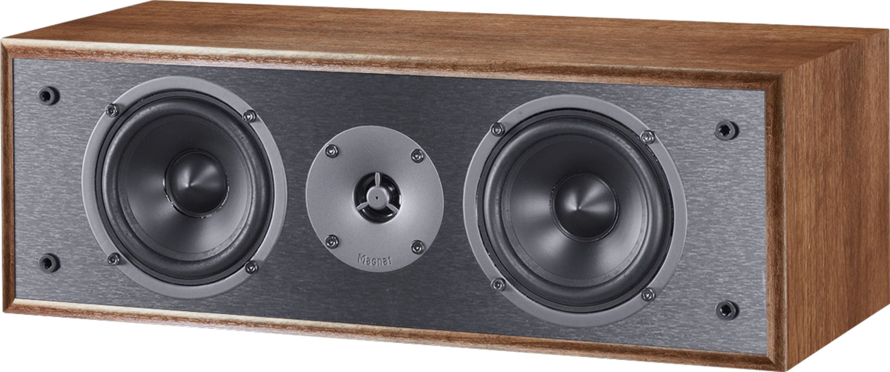Lautsprecher aus Holz und Silber mit drei Lautsprechern.