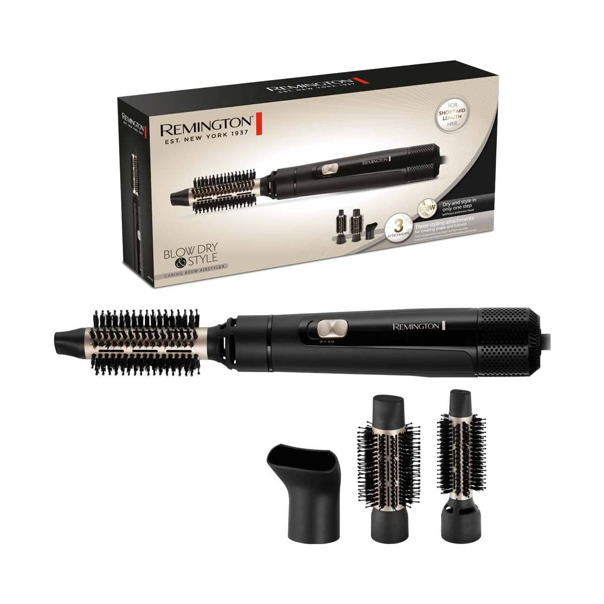 Secador y moldeador de cabello negro con accesorios y caja sobre blanco.
