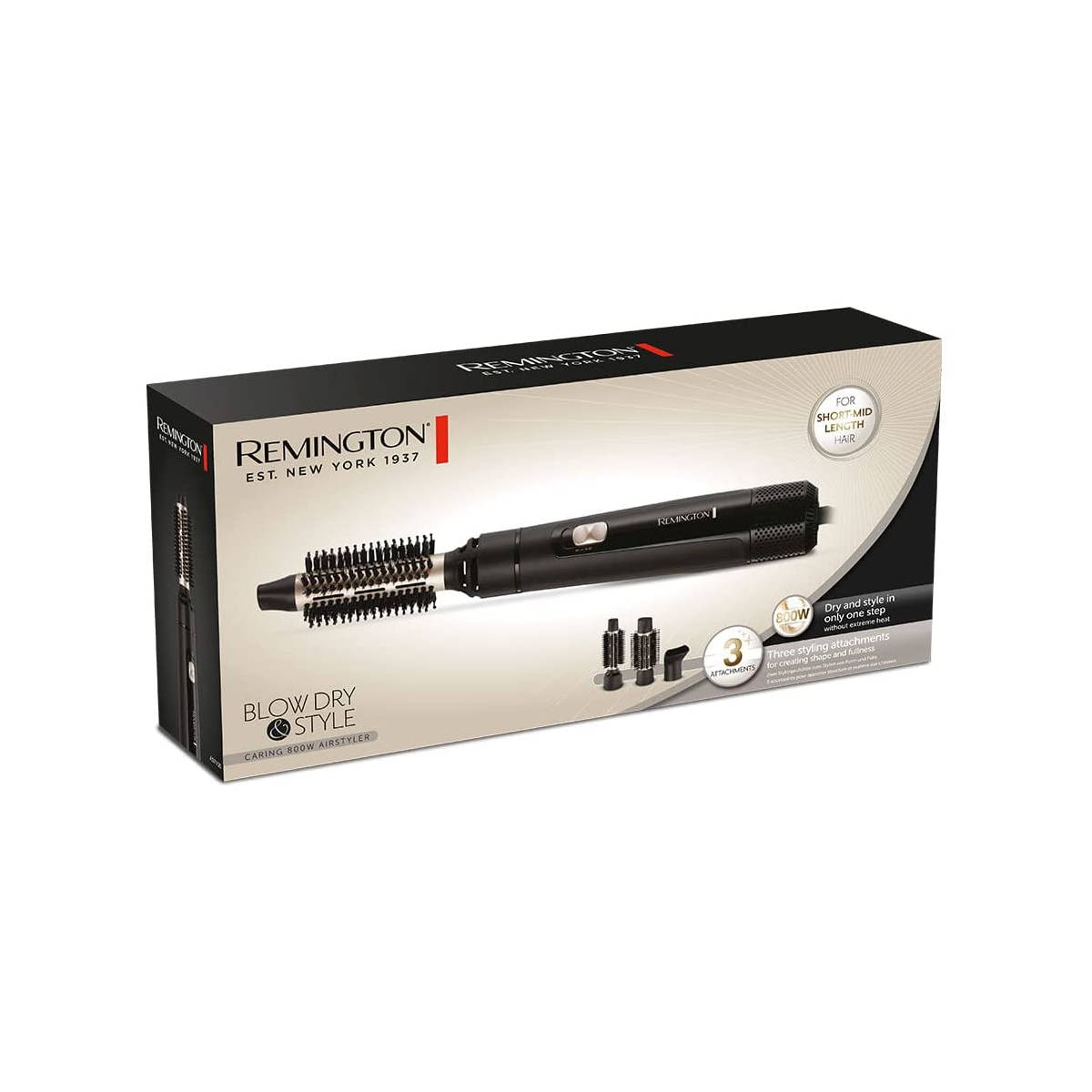 Una caja con una herramienta para peinar el cabello y secar con secador en blanco y negro.