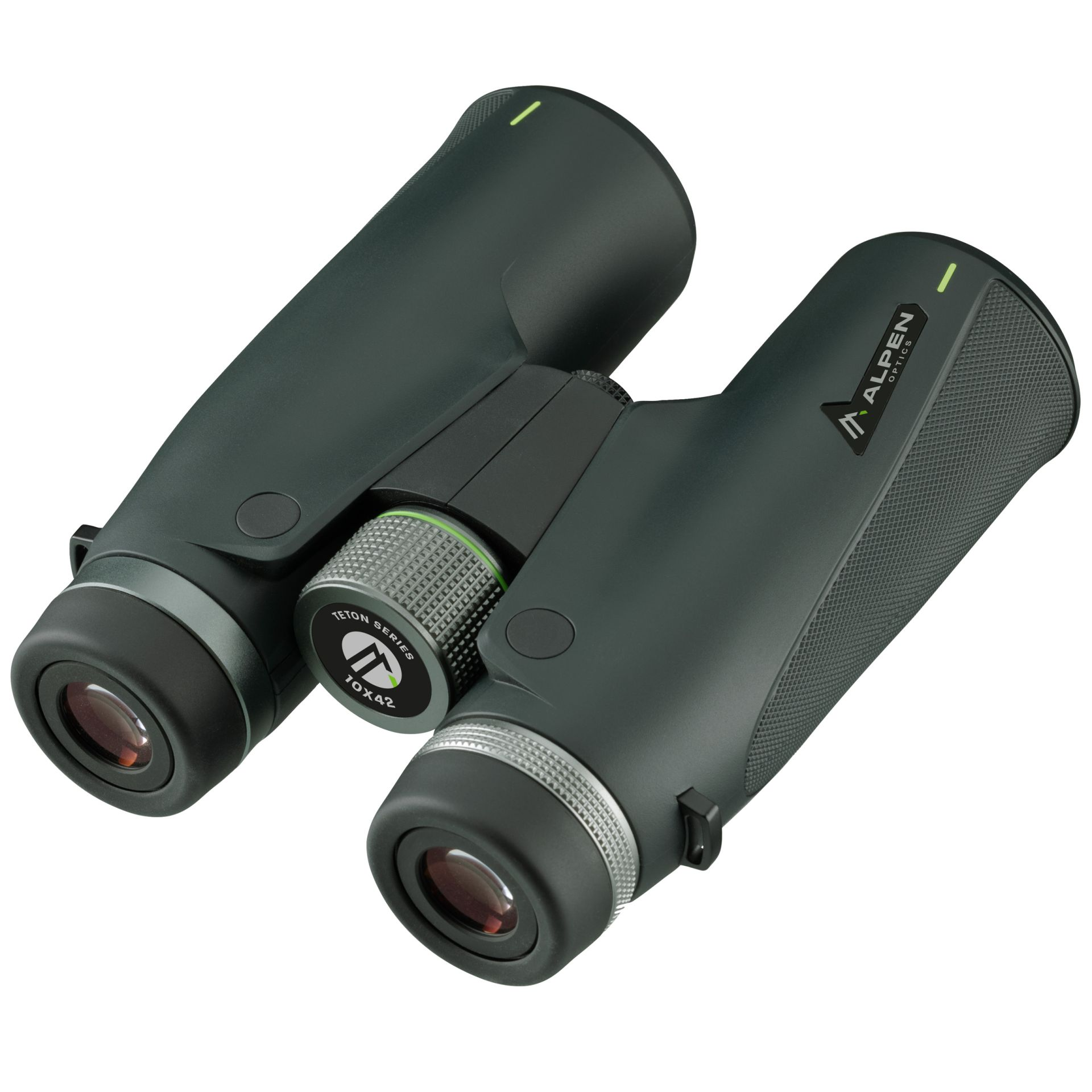 Prismáticos verde oscuro con detalles negros. La marca es Alpen Optics.