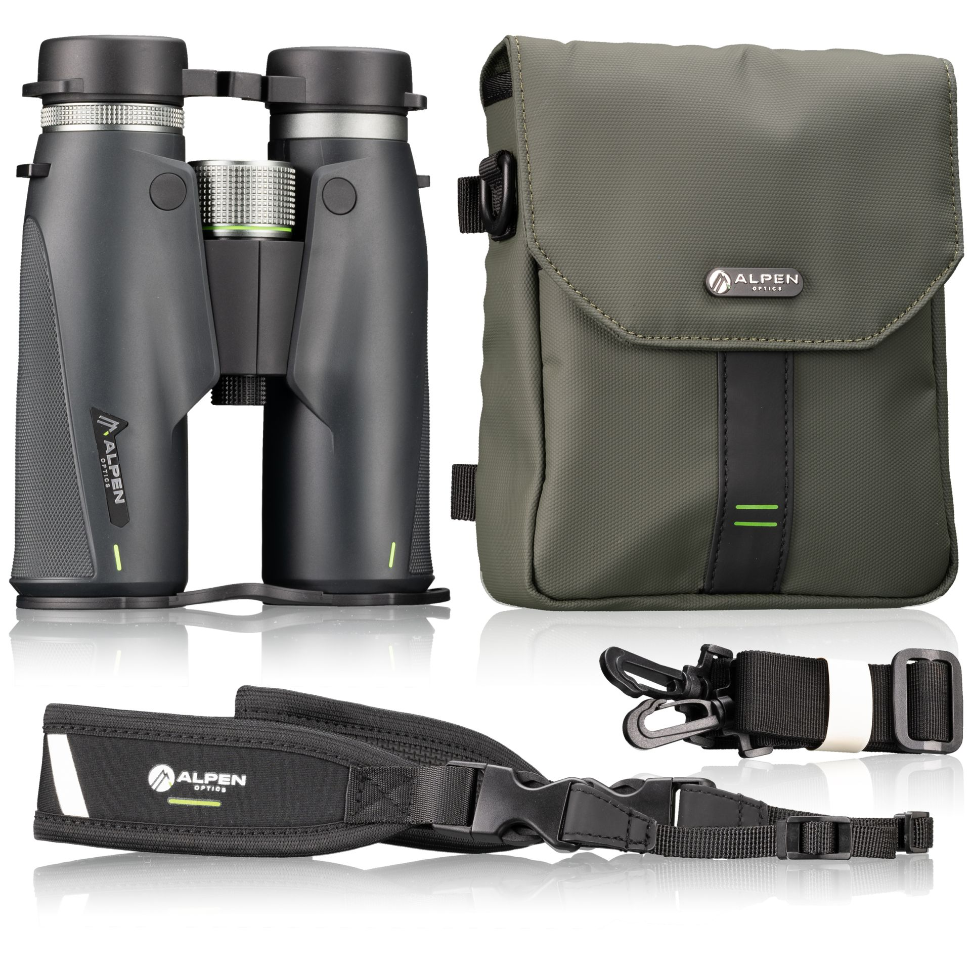 Prismáticos negros, estuche verde oliva y correa para el cuello negra sobre fondo blanco.