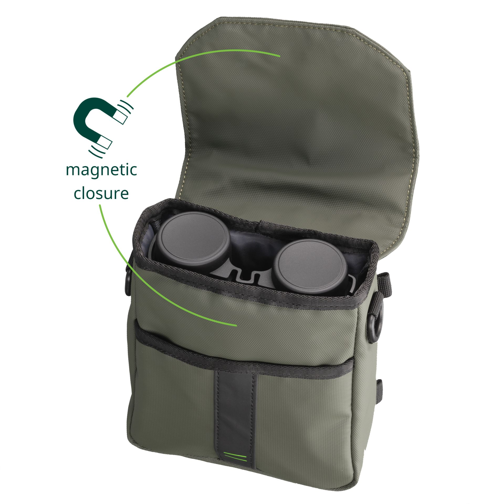 Estuche verde de binoculares, abierto, con binoculares dentro. Cierre magnético indicado.
