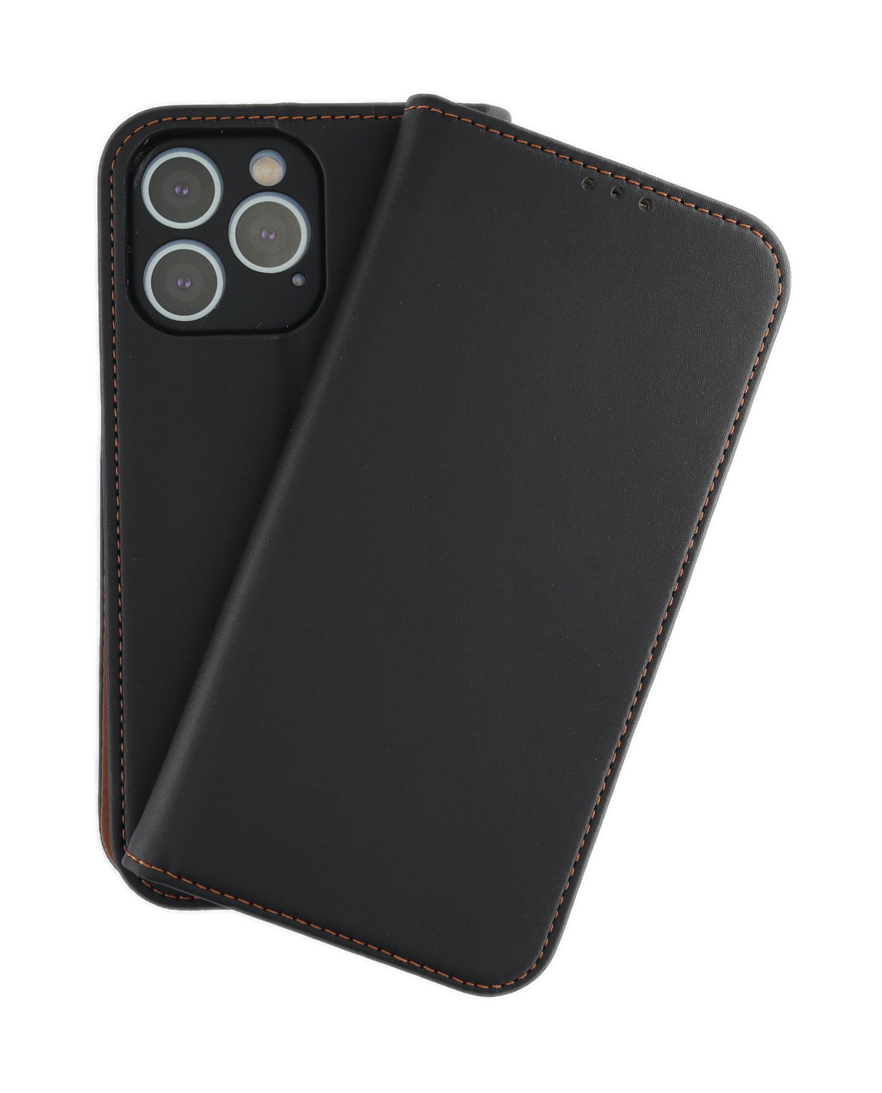 Schwarze Handyhülle mit Rückseite und Deckel. Das Telefon hat mehrere Kameras. Braune Nähte.