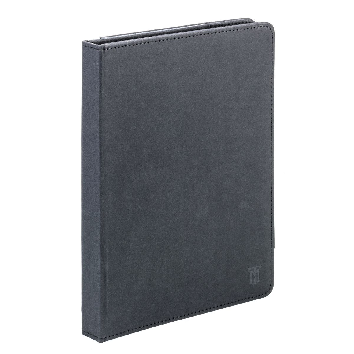 Una custodia per tablet grigio scuro, chiusa. Il logo del marchio si trova nell'angolo in basso a destra. Sfondo bianco.