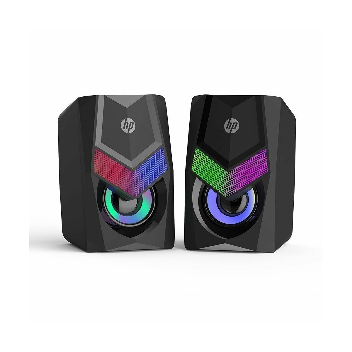 Par de altavoces negros con luces de cambio de color. Logotipo de HP en cada uno. Fondo blanco.