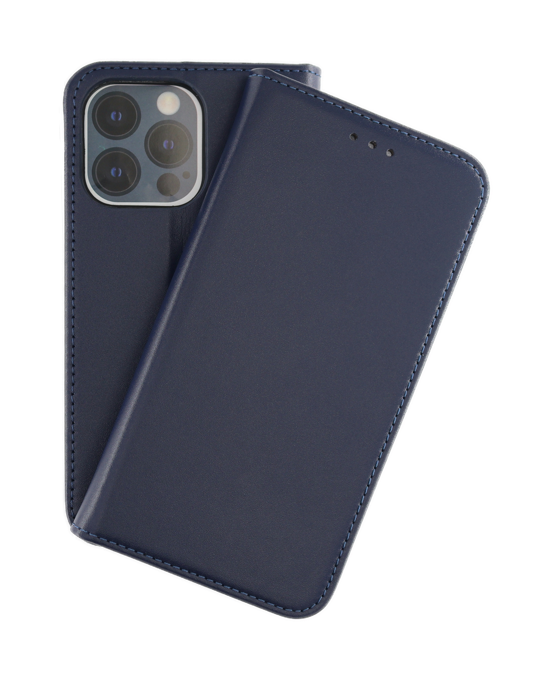 Eine dunkelblaue Handyhülle, geöffnet, um das Telefon mit Kamera zu zeigen.