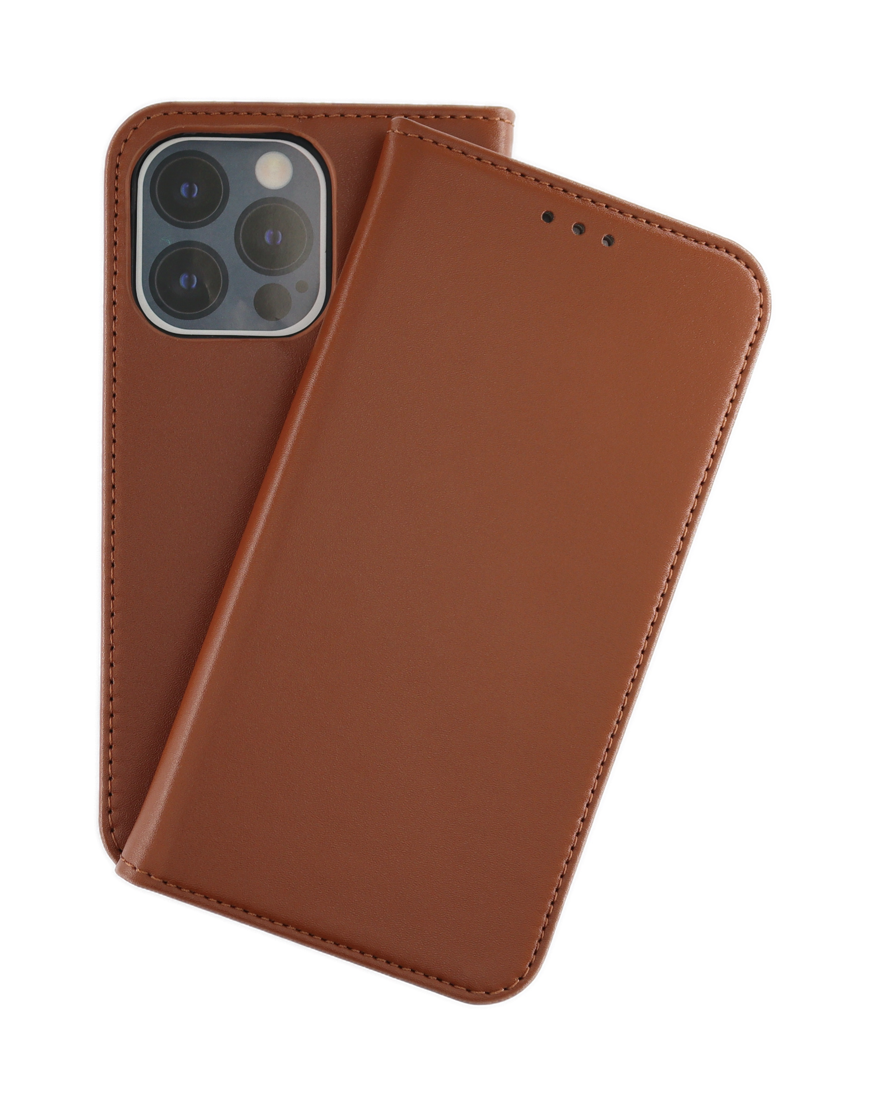 Braune Handyhülle offen. Handyhülle braun, offen, um das Telefon zu zeigen. Braun und genäht. Weißer Hintergrund.