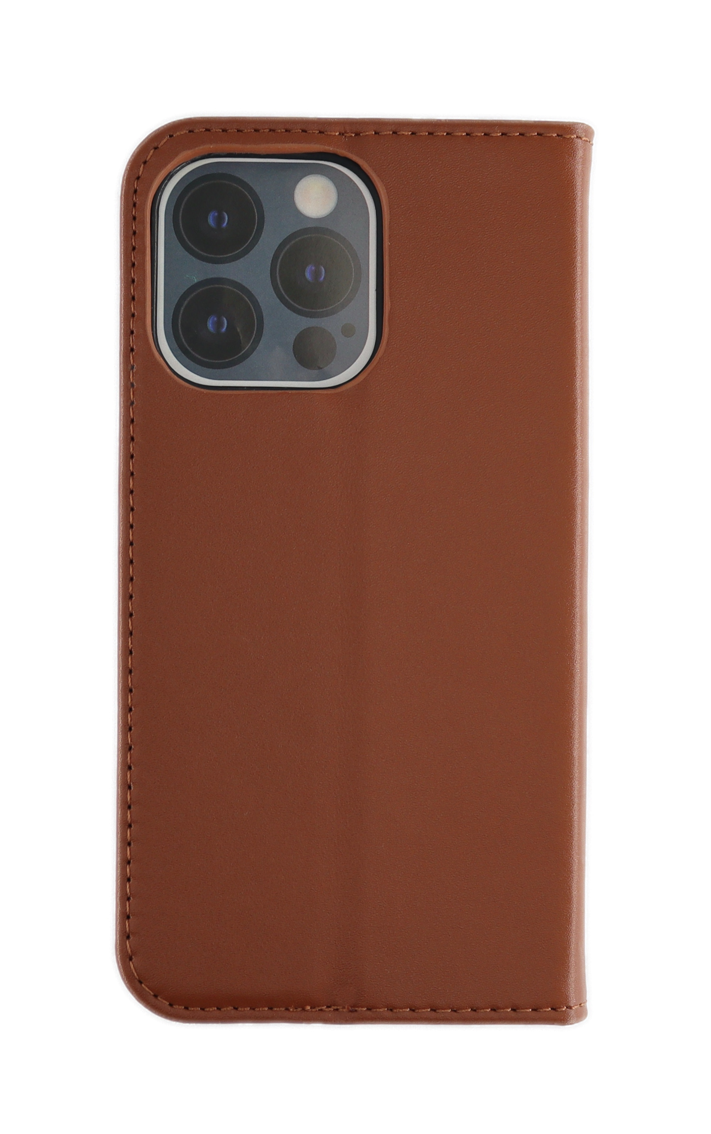 Eine braune Leder-Handyhülle mit einem Telefon darin. Die Kamera ist sichtbar.