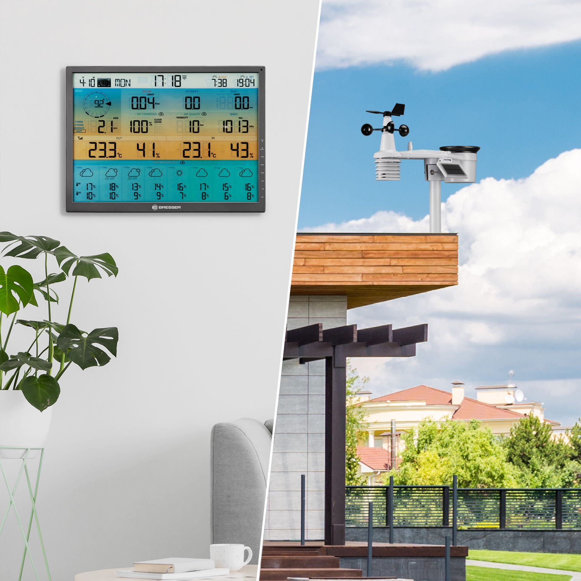 Estación meteorológica con pantalla que muestra datos. Un sensor meteorológico separado está instalado en el techo.
