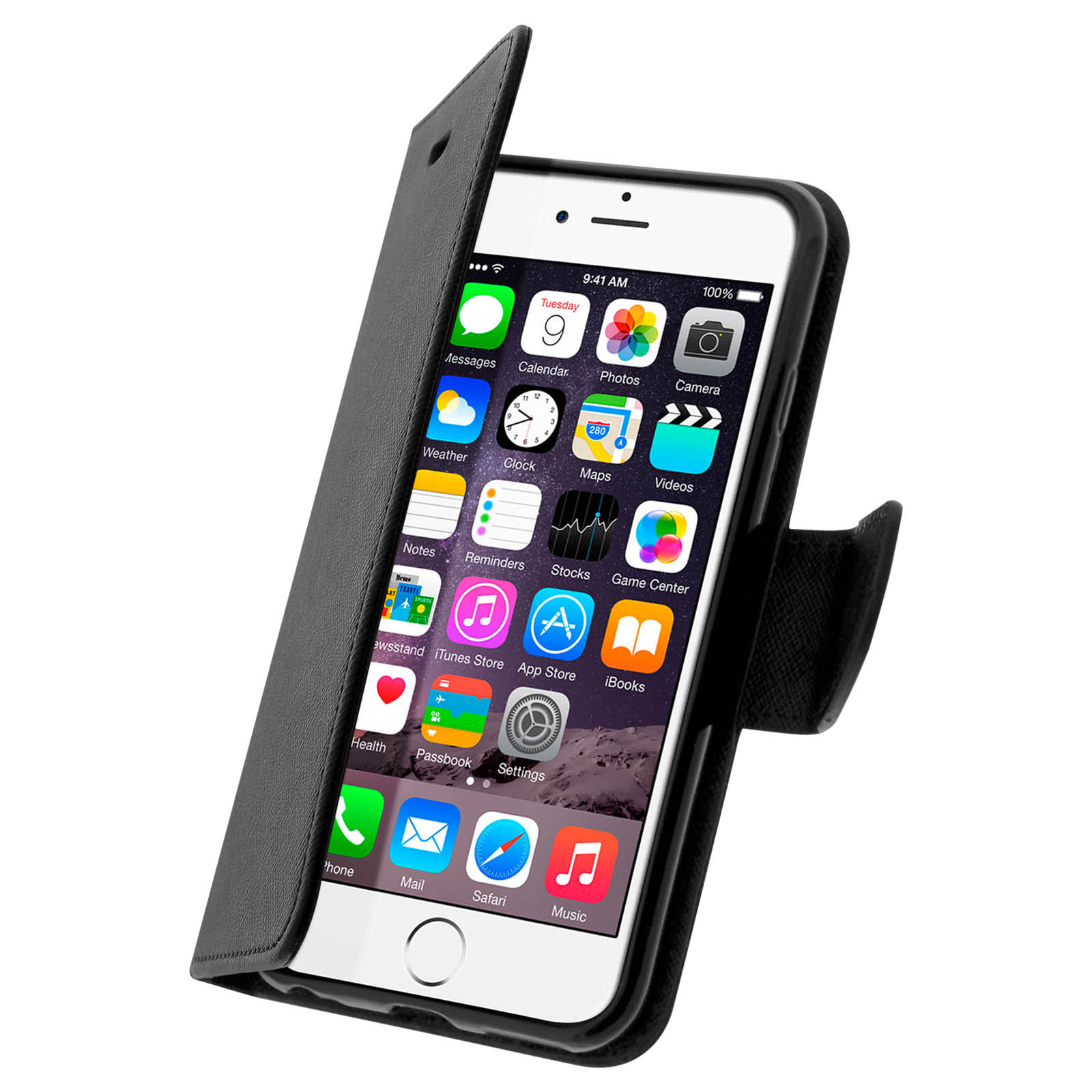 Schwarzes iPhone in einer schwarzen Lederhülle, mit geöffneter Abdeckung, zeigt den Startbildschirm mit Symbolen. Weißer Hintergrund.