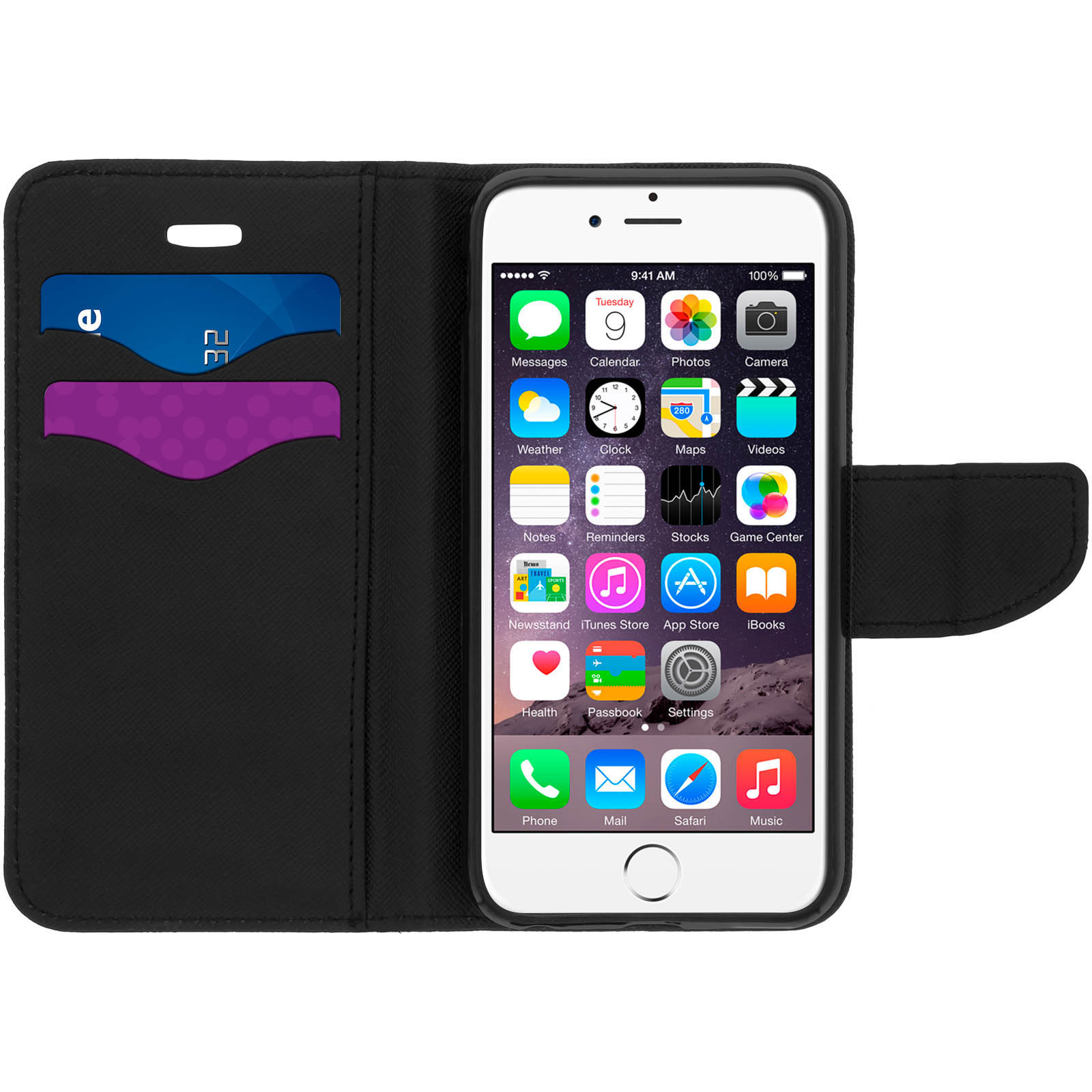 Schwarzes Telefon in einer offenen schwarzen Brieftasche, mit Karten.