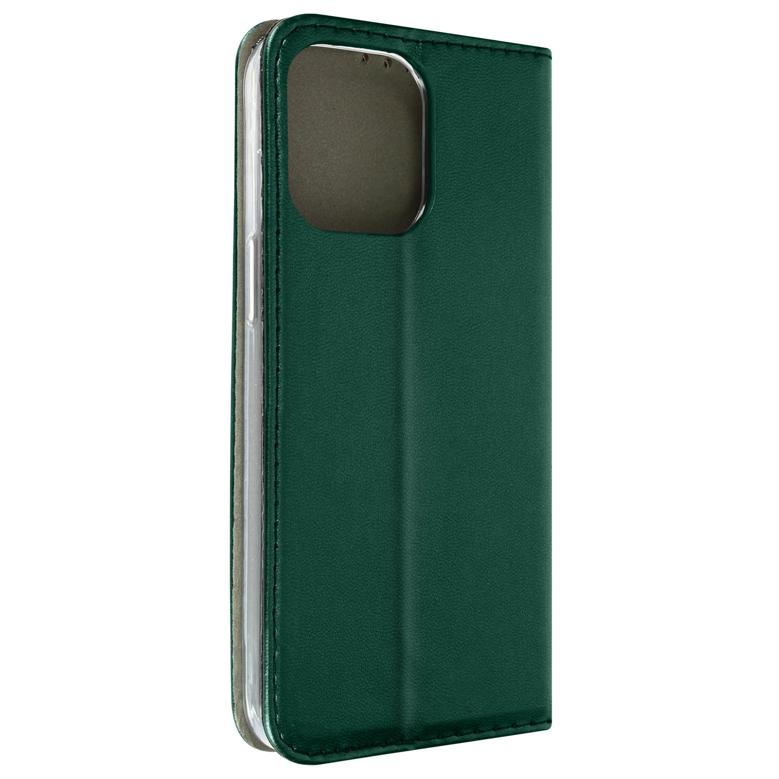 Una custodia verde scuro, chiusa, con foro per fotocamera visibile.