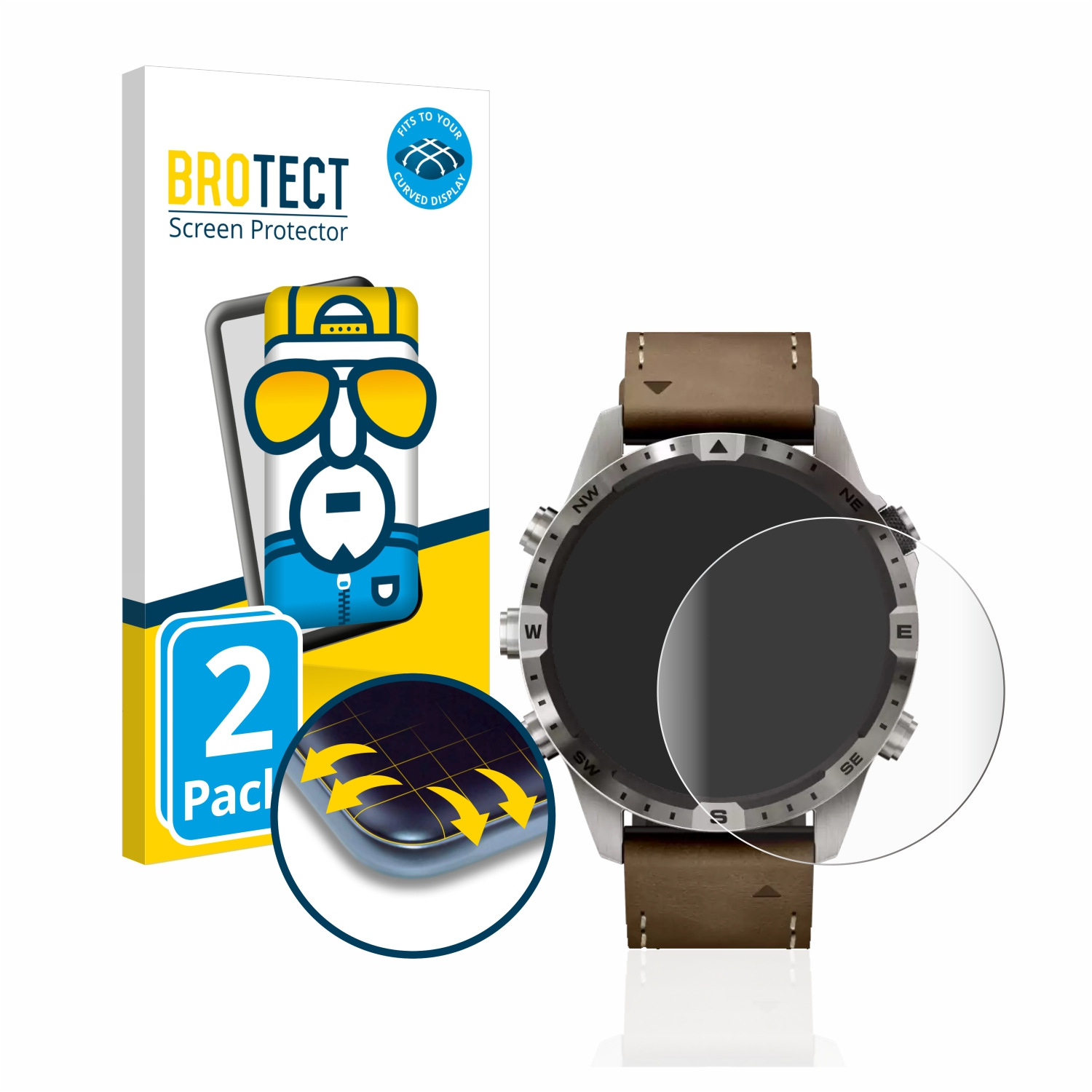 Smartwatch mit Displayschutzbox und einem Displayschutz daneben. Weißer Hintergrund.
