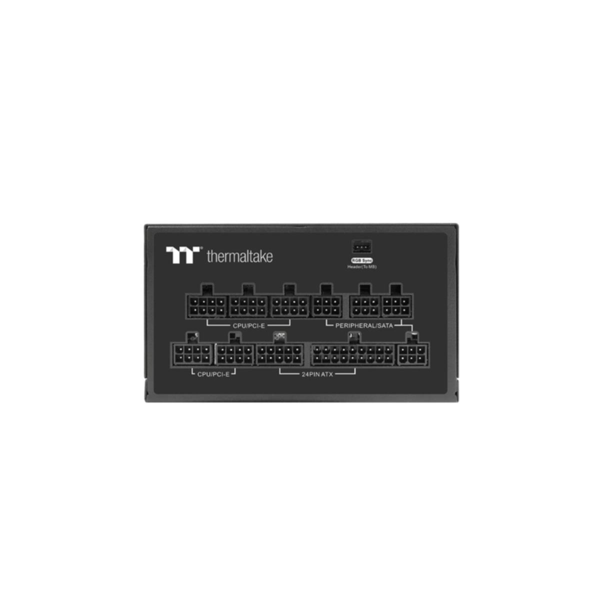 Un alimentatore per computer nero con varie porte etichettate, tra cui 24PIN ATX e CPU/PCI-E.