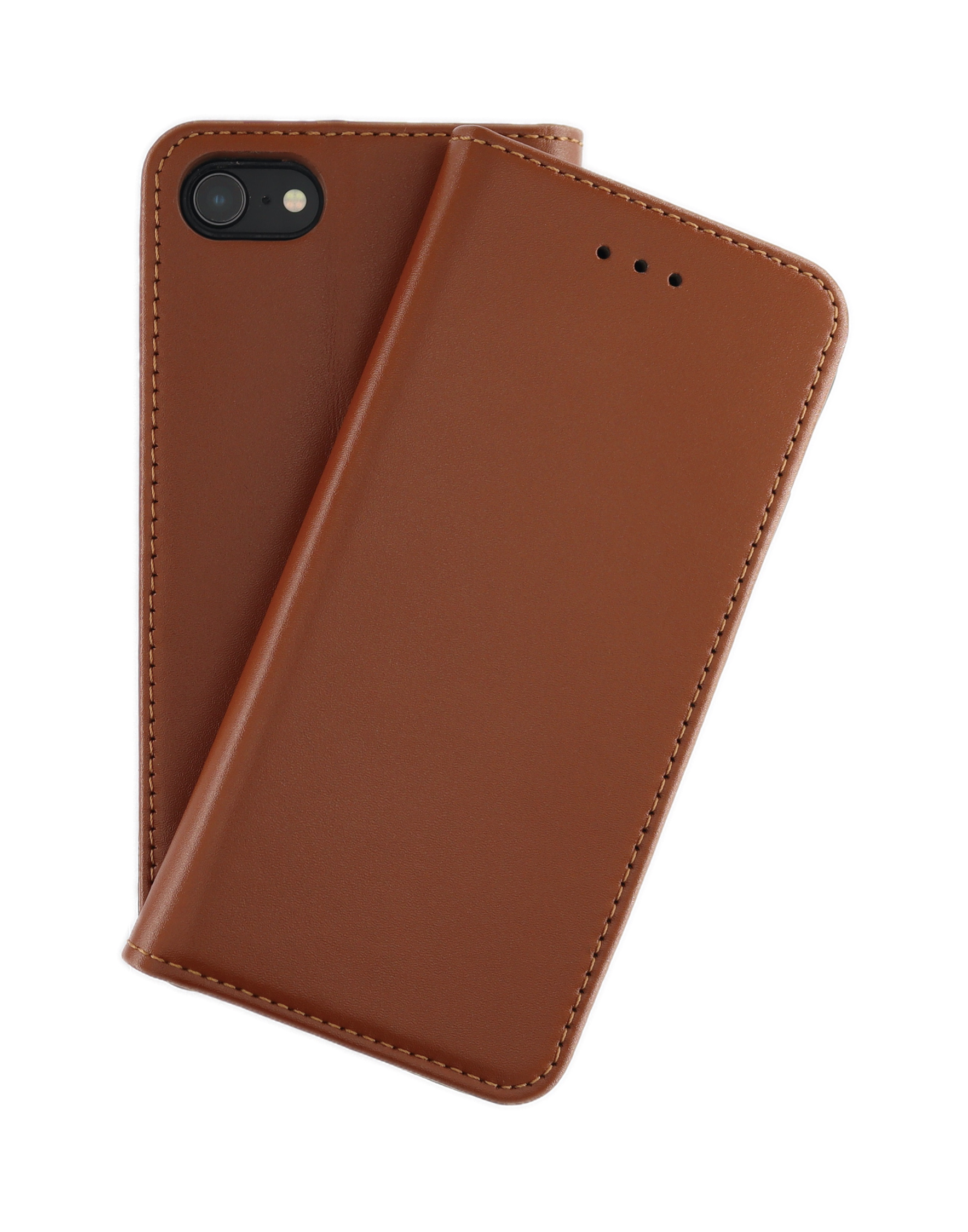 Braune Leder-Handyhülle, offen. Telefon auf der Rückseite, Hülle vorne offen.