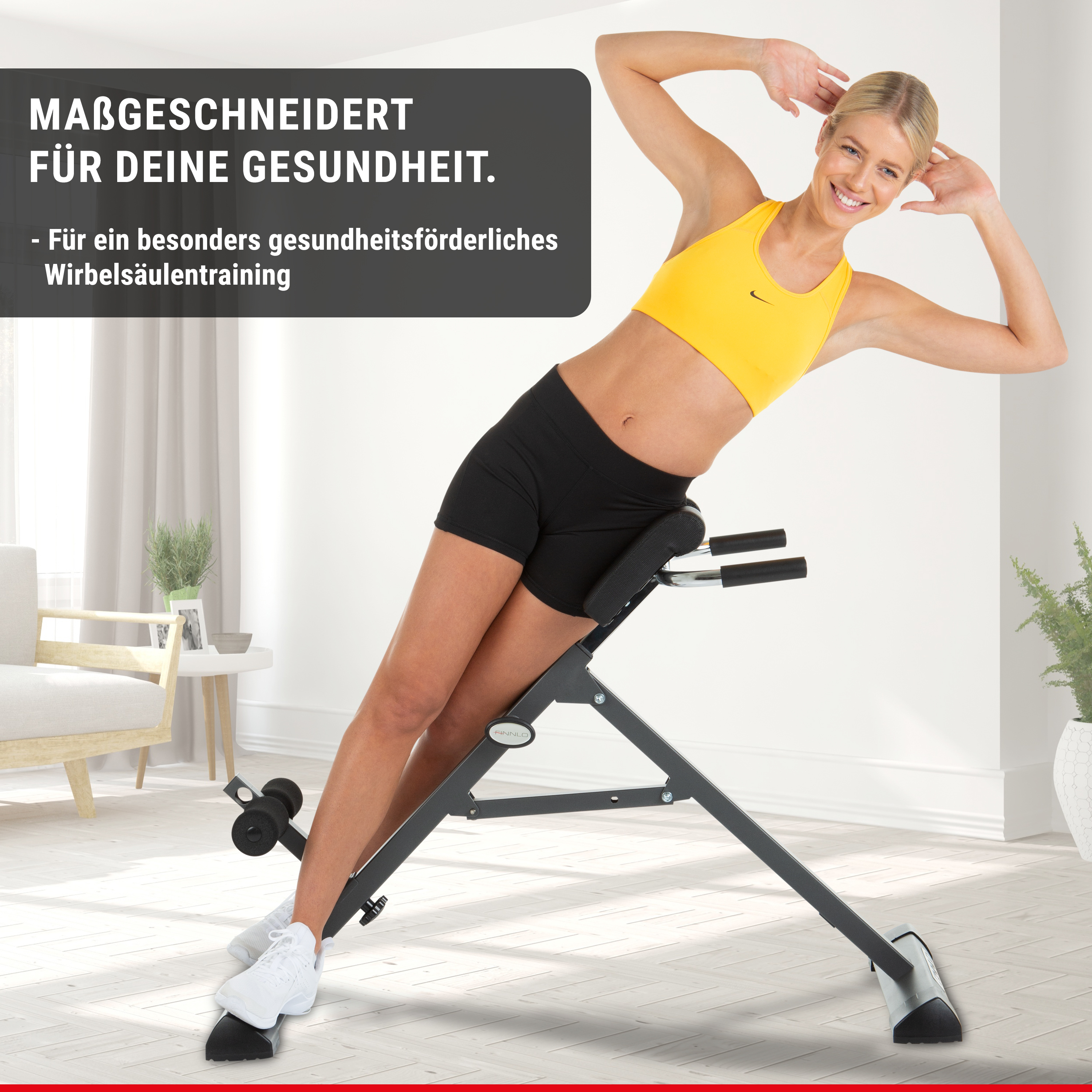 Eine Frau trainiert an einer Rückenverlängerungsmaschine, Text oben.