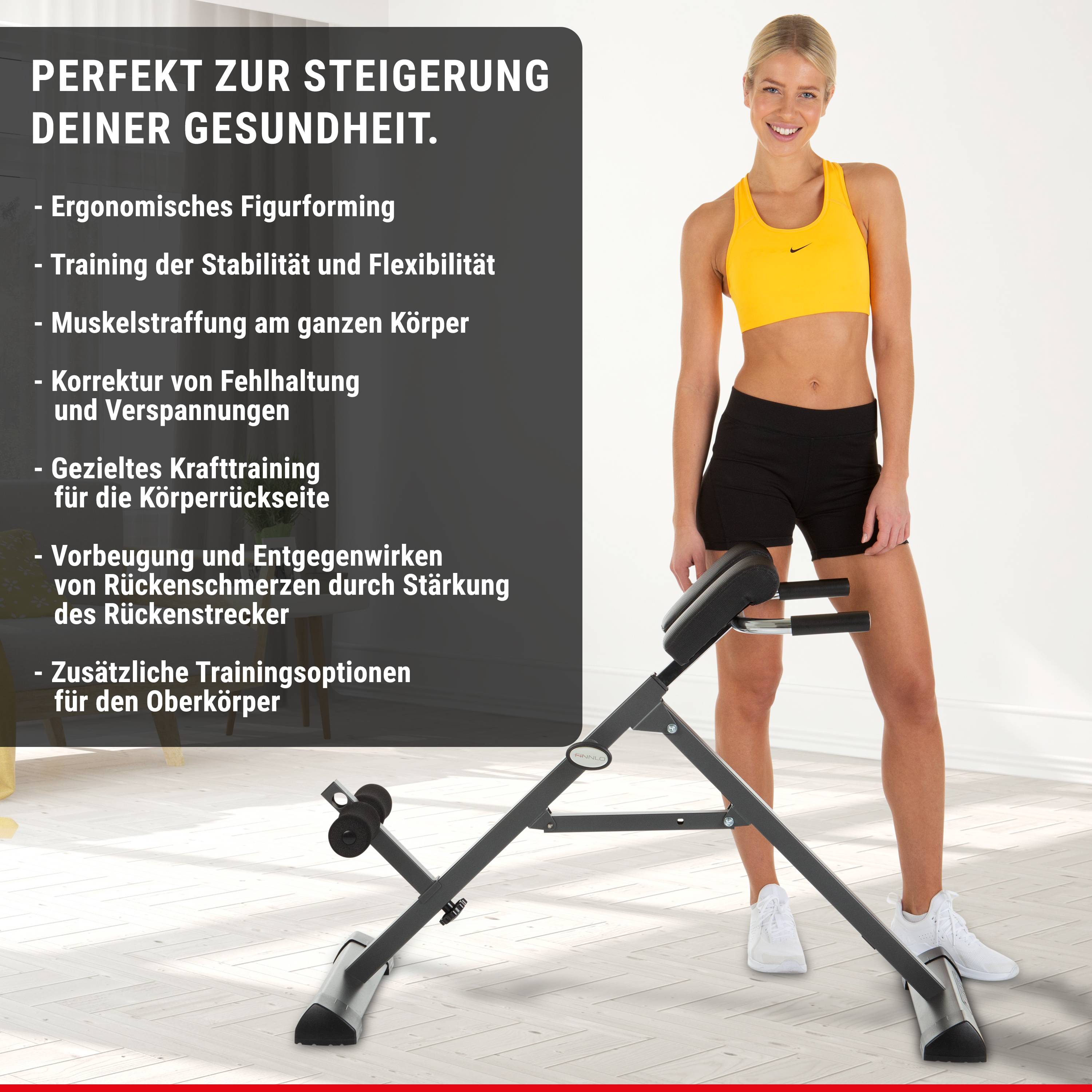 Frau in Sportkleidung benutzt ein Fitnessgerät. Text über gesundheitliche Vorteile auf der linken Seite.