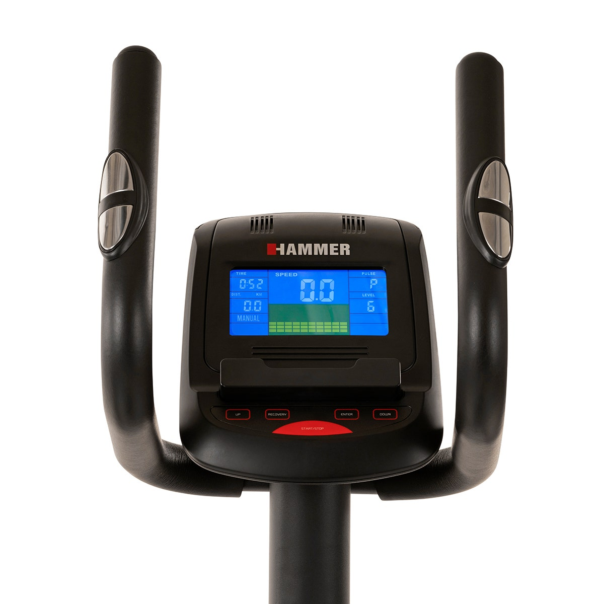 Heimtrainer-Konsole mit Geschwindigkeit, Zeit und Distanz sowie Bedienknöpfen.