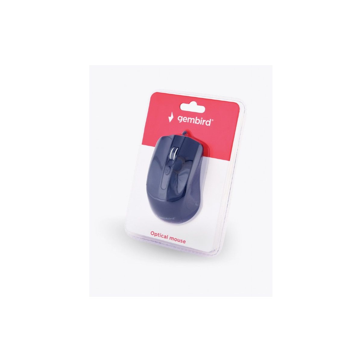 Une souris optique bleue dans son emballage. Elle a un fond rouge et blanc. La marque est visible.
