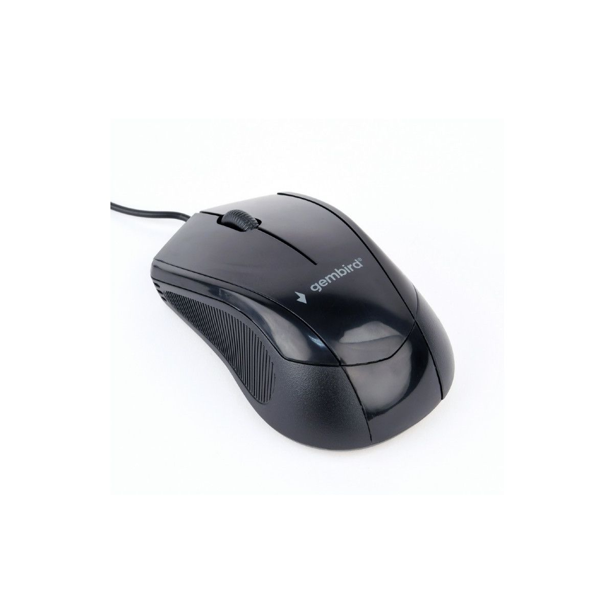 Une souris d'ordinateur noire avec une molette, sur fond blanc.