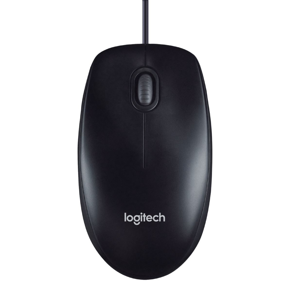 Zwarte Logitech-muis met een scrollwiel en het Logitech-logo.