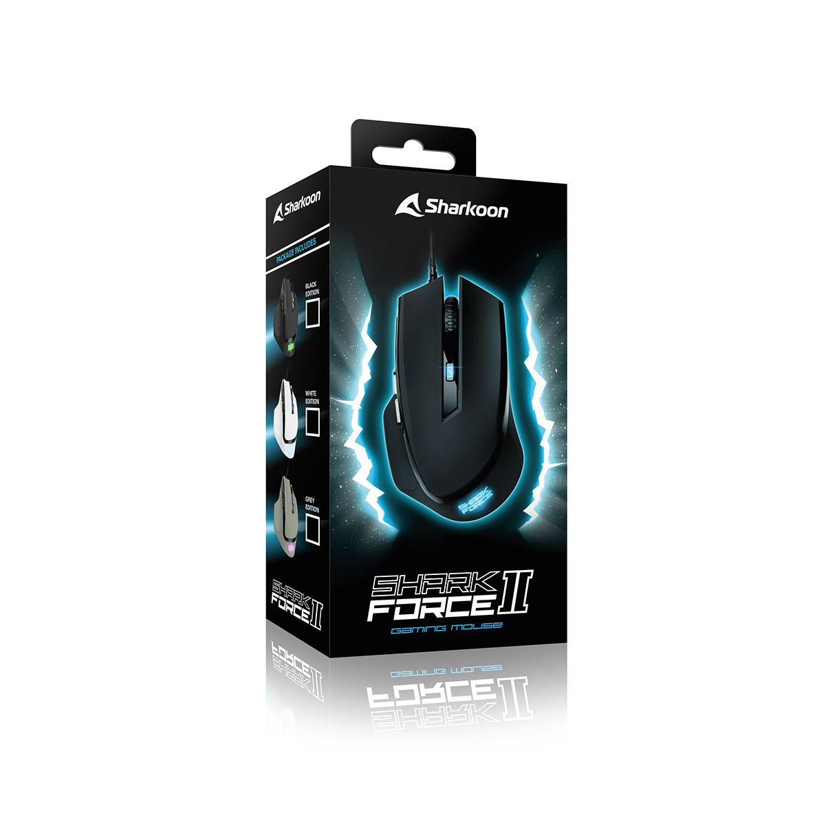 Schwarze Gaming-Maus in einer Box. Box hat Mausbild und Text: SHARKOON FORCE II Gaming-Maus.